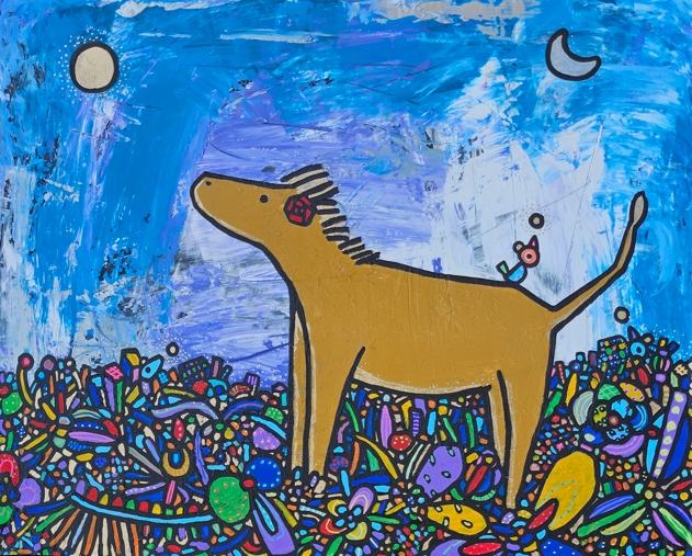 花園裡的馬。Horse in garden。pigment, canvas, Cm 80 x 102, 2018-2025