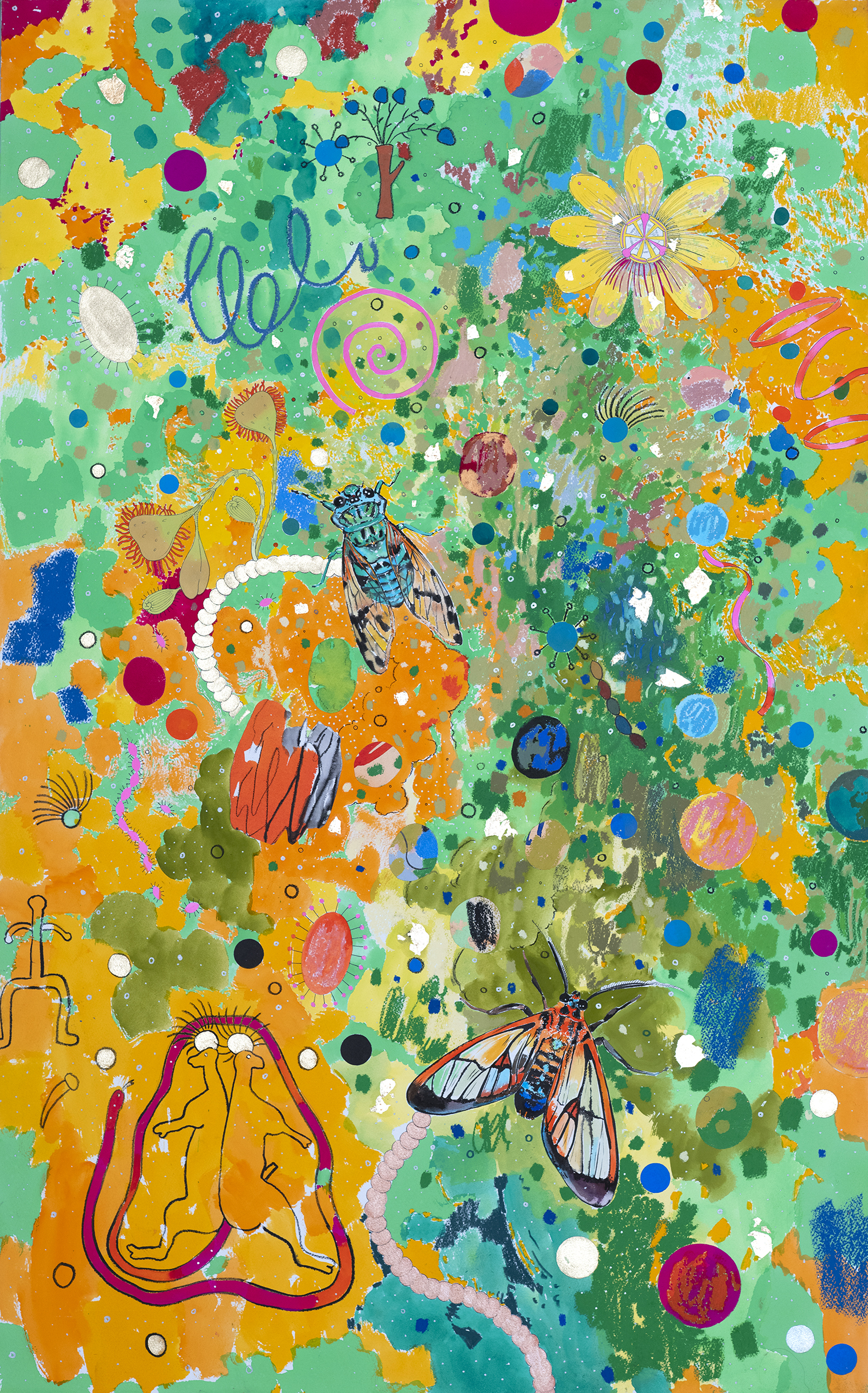 Your Garden Is Your Home_2020_gold pigment, gouache, ink, oil pastel, pen, water color on cotton paper_72.7x116.8 cm