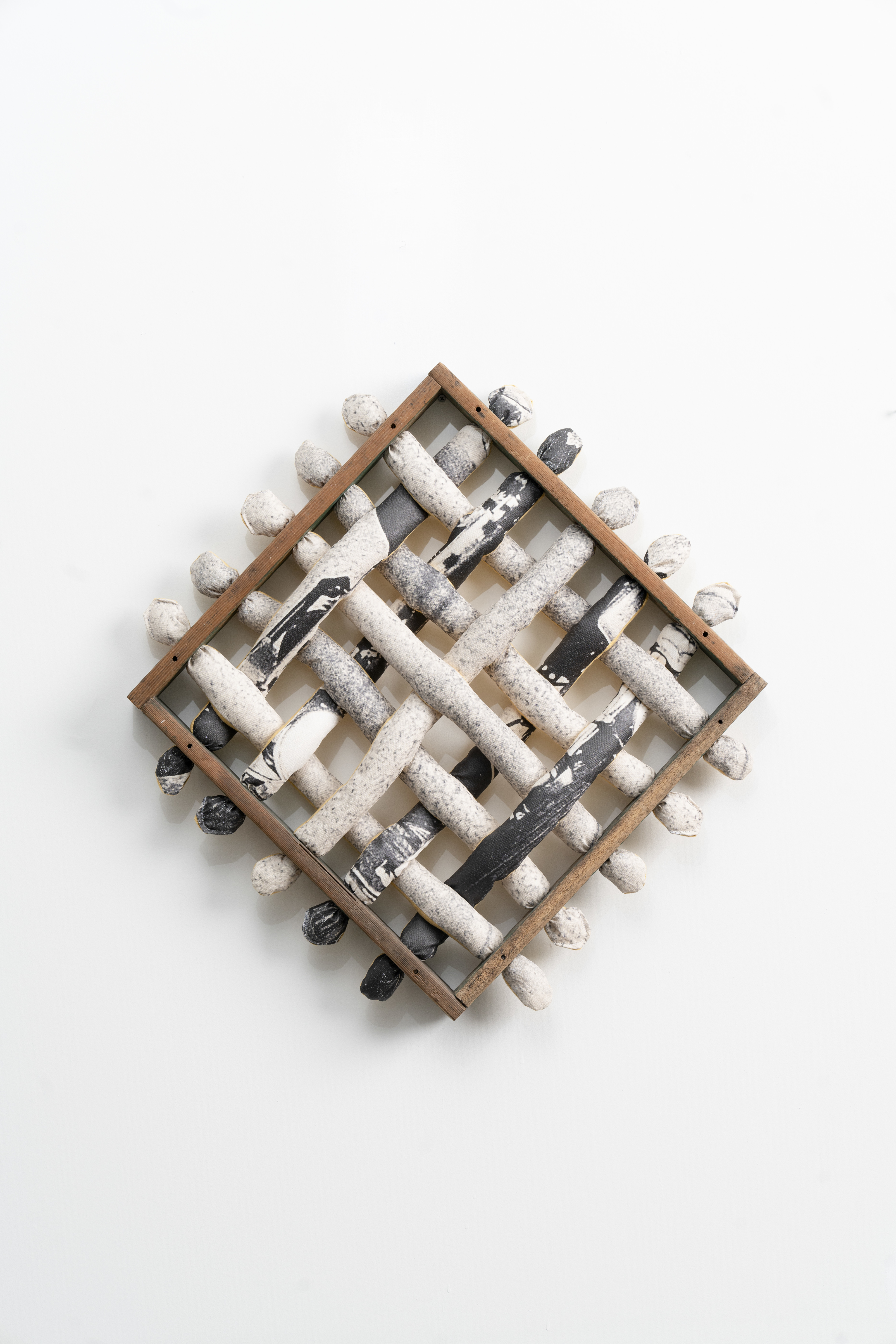 Badd2daBone, 2017. printed canvas, cotton, redwood, 22" x 22" x 3".