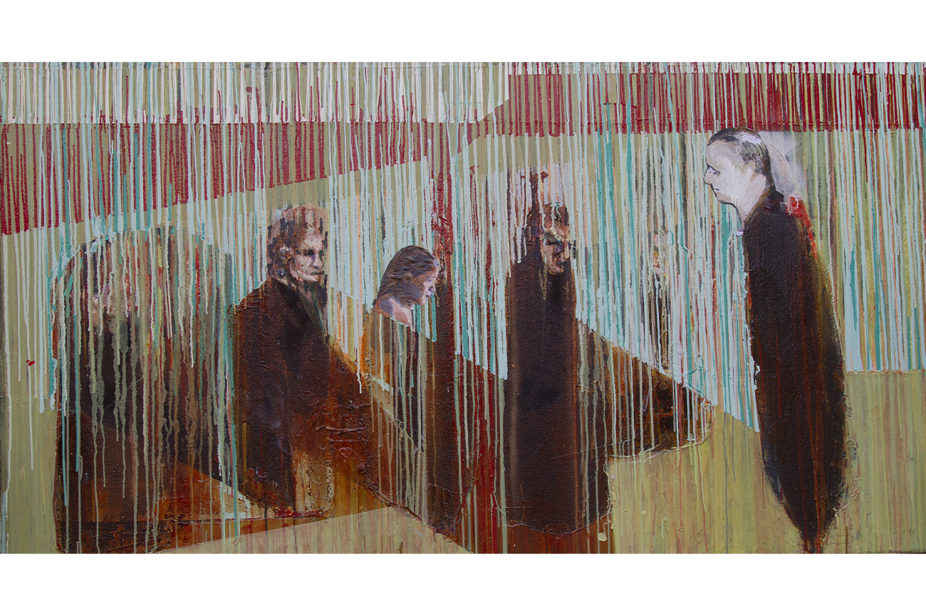 Ignacio GumucioLos Conversos I, 2015-2016Óleo, esmalte, barniz, fotocopias y cola fría sobre cuerina sintética130 x 240 cm