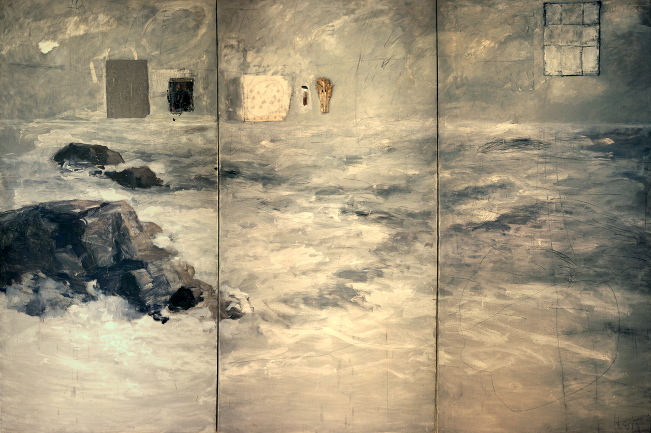 Carlos LeppeLos celos, 1998Óleo sobre tela intervenido con textil, madera y plomo330 x 220 cm