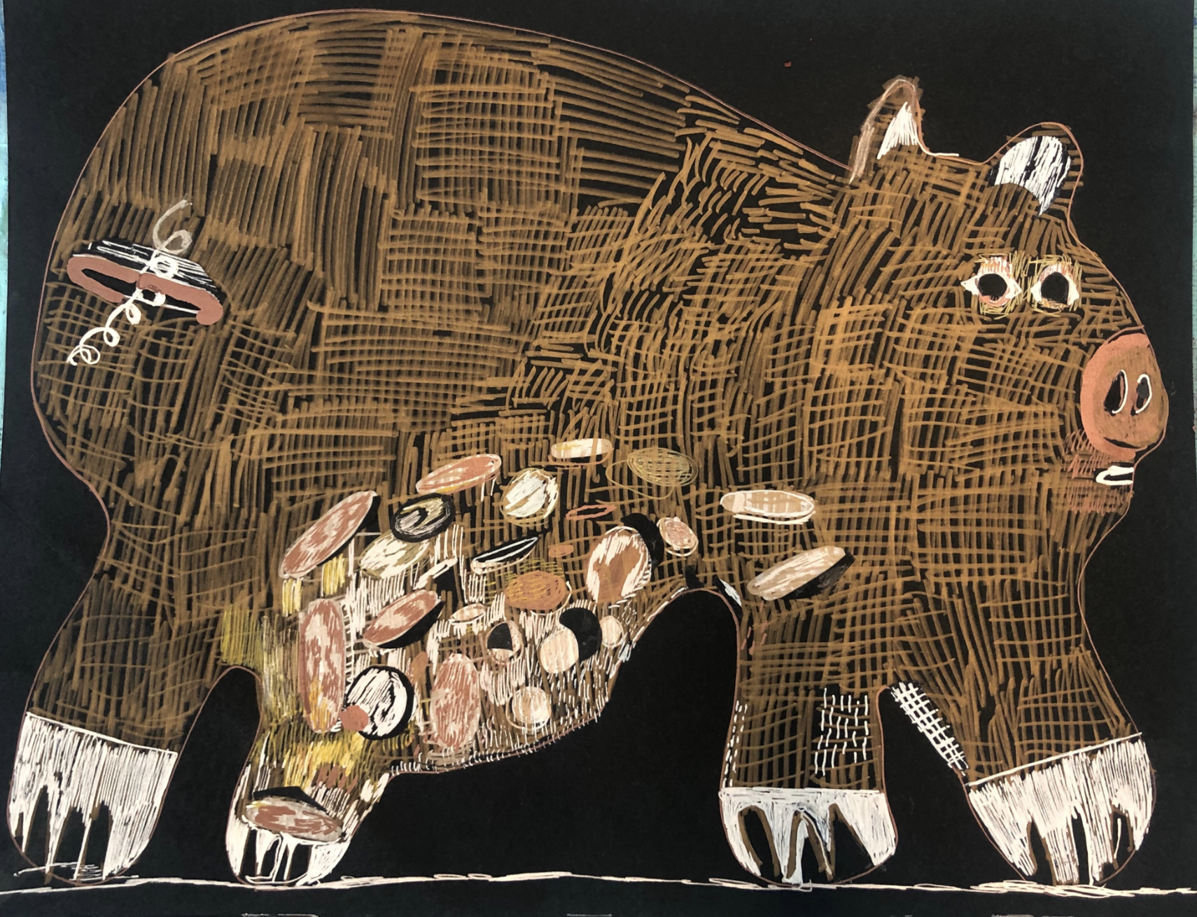 “Piggy Bank,” 2016, pen and ink, 11" x 14"