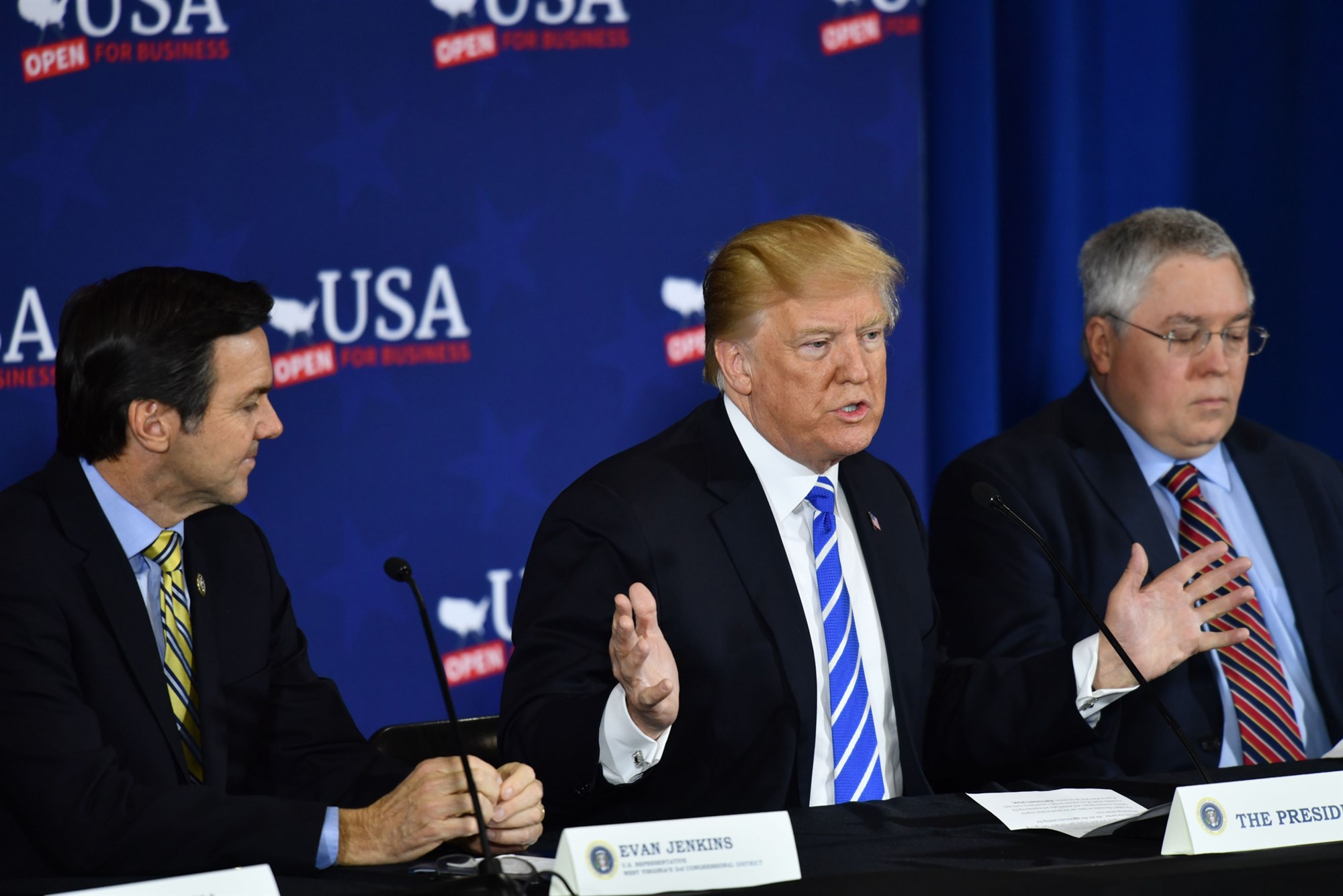 President Donald Trump attends a round table discussion on tax reform in White Sulphur Springs, West Virginia, on Thursday. Nicholas Kamm / AFP — Getty Images