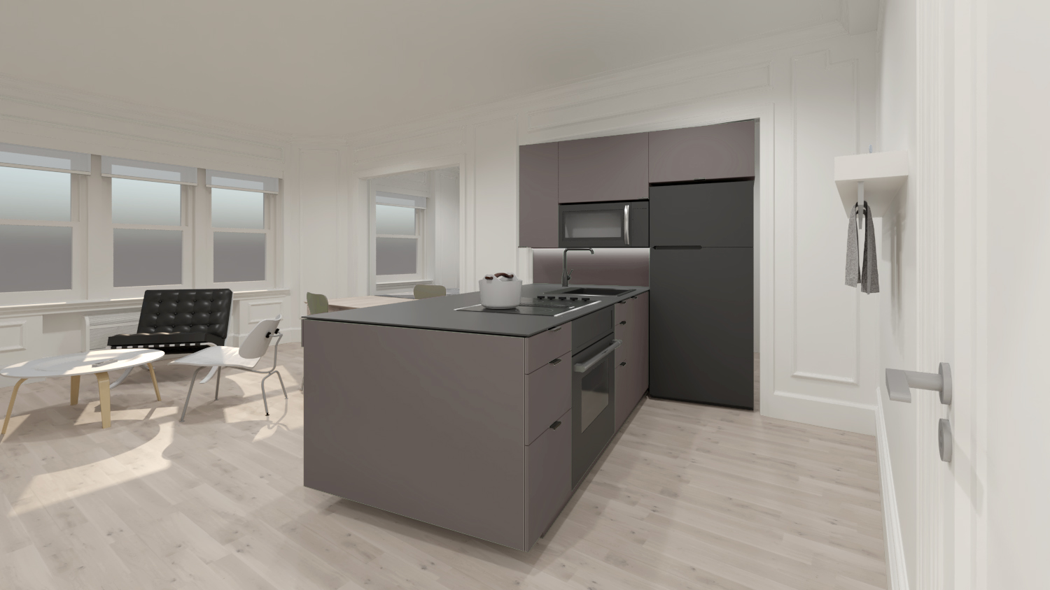 The kitchen as a contemporary solitaire in the historic context. One of the nature inspired color schemes. Purple