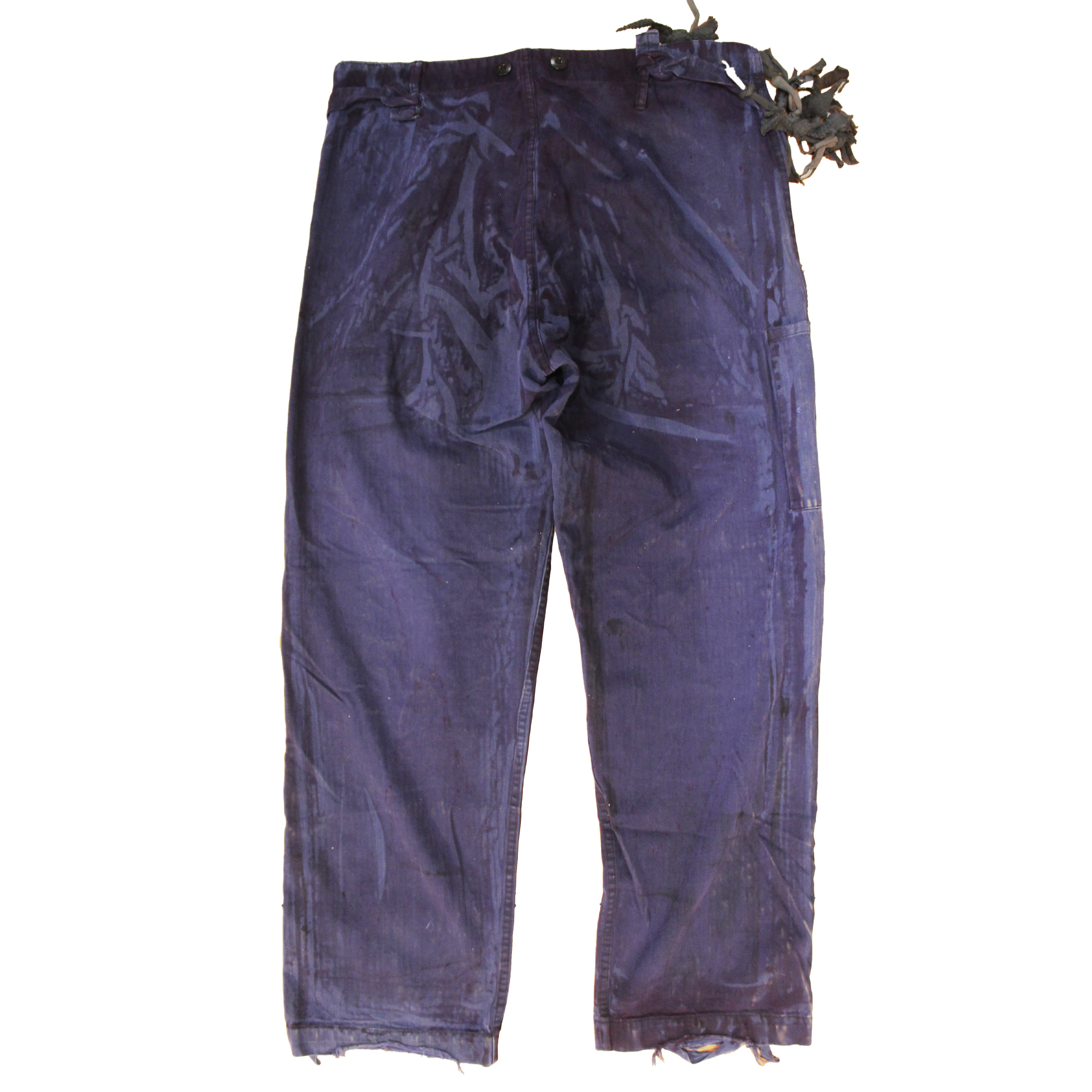 reclaimed vintage surplus denim screen printed with textile dye & various metals. tailored for straight/wide fit. fitted with custom keychain, scrap chain, and leather patches