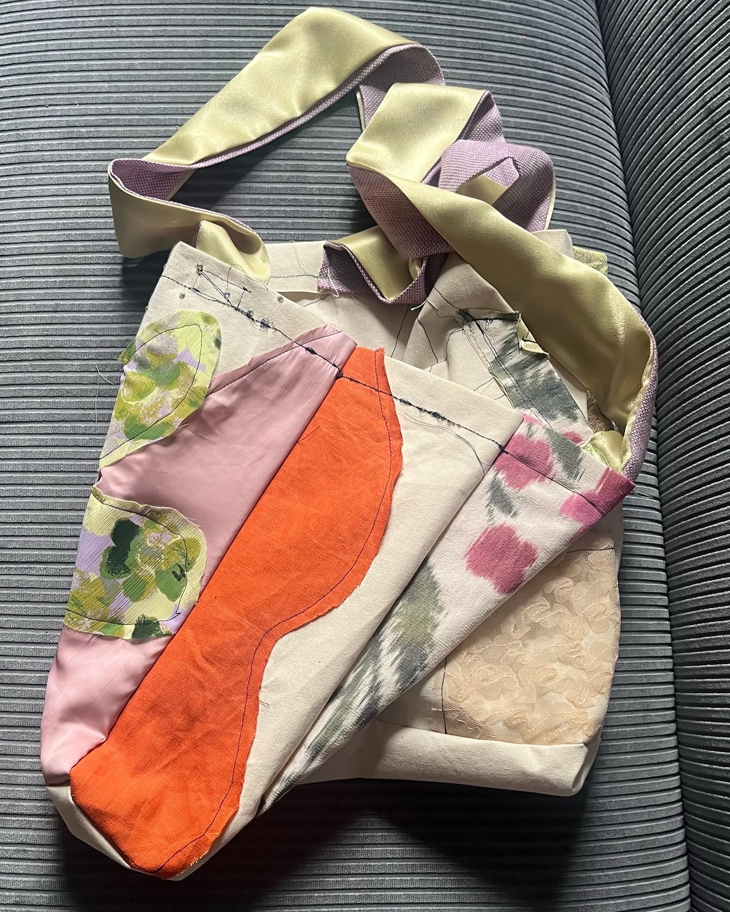 TAIA Totebag, 2023, Reused canvas and fabric scraps, thread, rhinestones