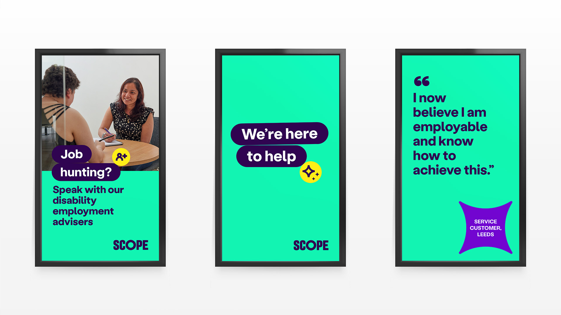 A mock up of three side-by-side screens advertising employability services at Scope.