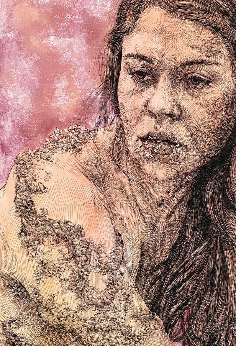 Tell The Snow To Fall Faster. Ink and gouache on paper. 2020