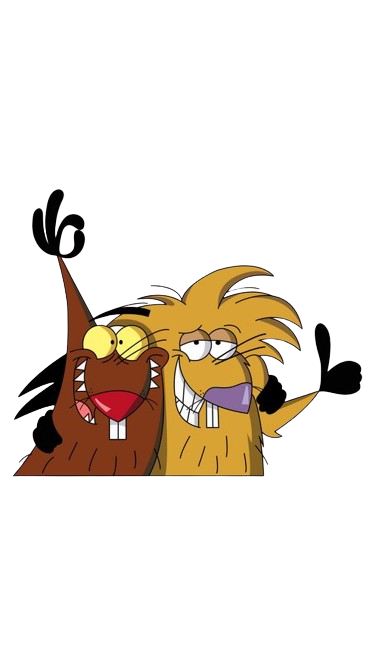 Two cartoon beavers from the animated tv show smiling and giving a thumbs up'the angry beavers'