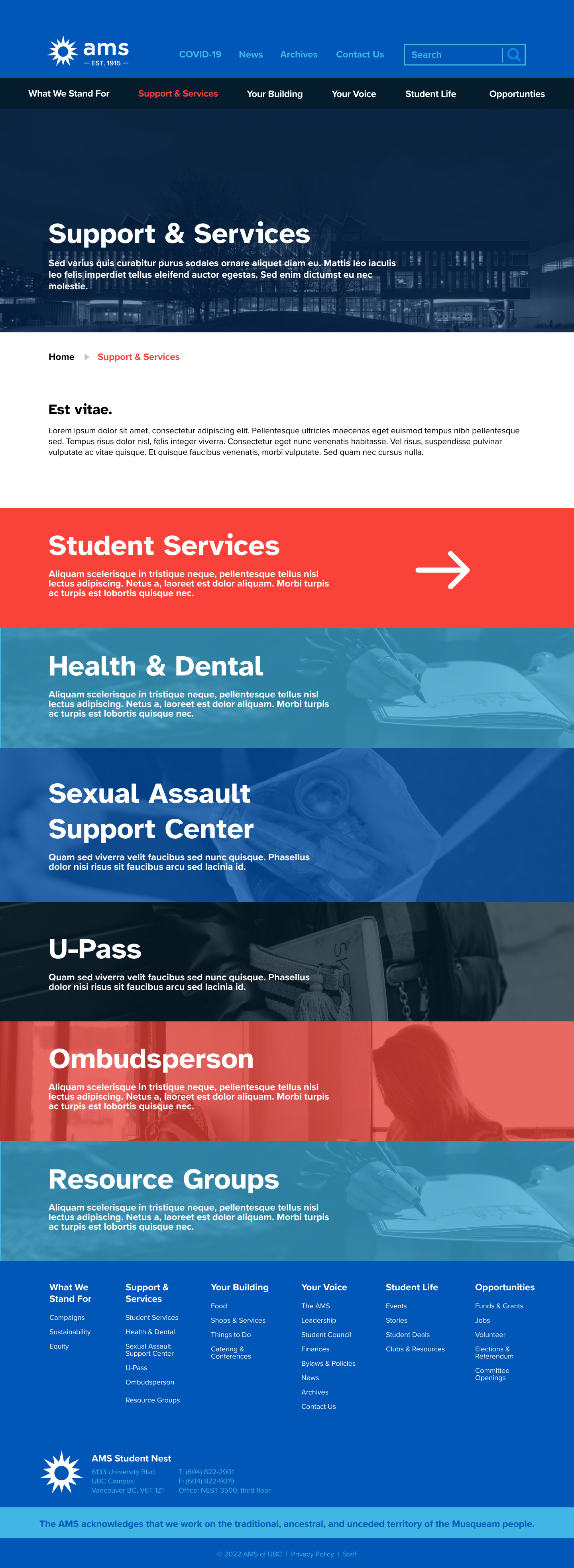 Sections under "Support and Services." Example of second-level page template.