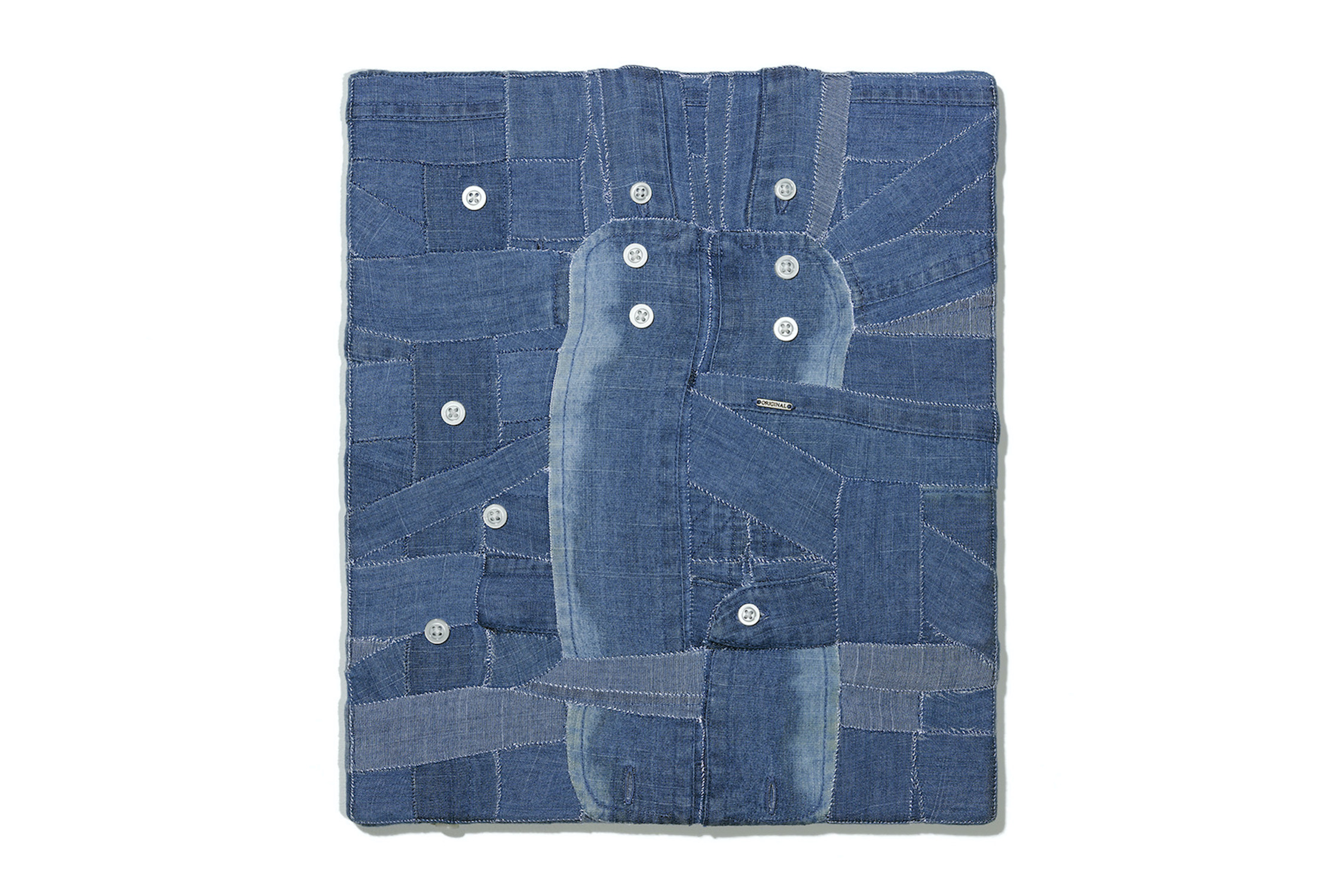 ’Rigobelo’, 2024. Deconstructed men’s shirts hand stitched over wooden stretchers. 35 x 30 cm