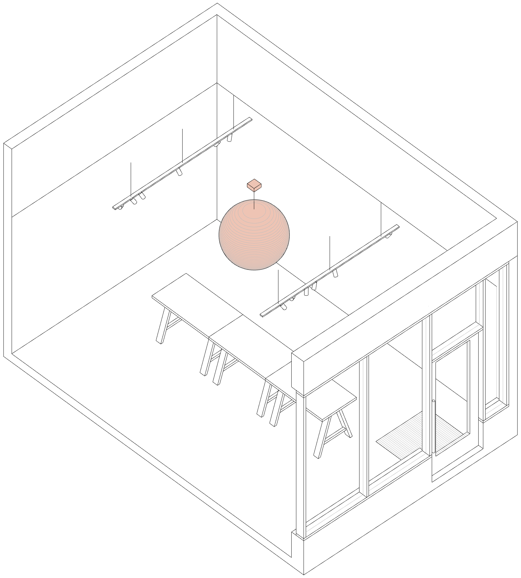Install a centrally located junction box or outlet at the ceiling.