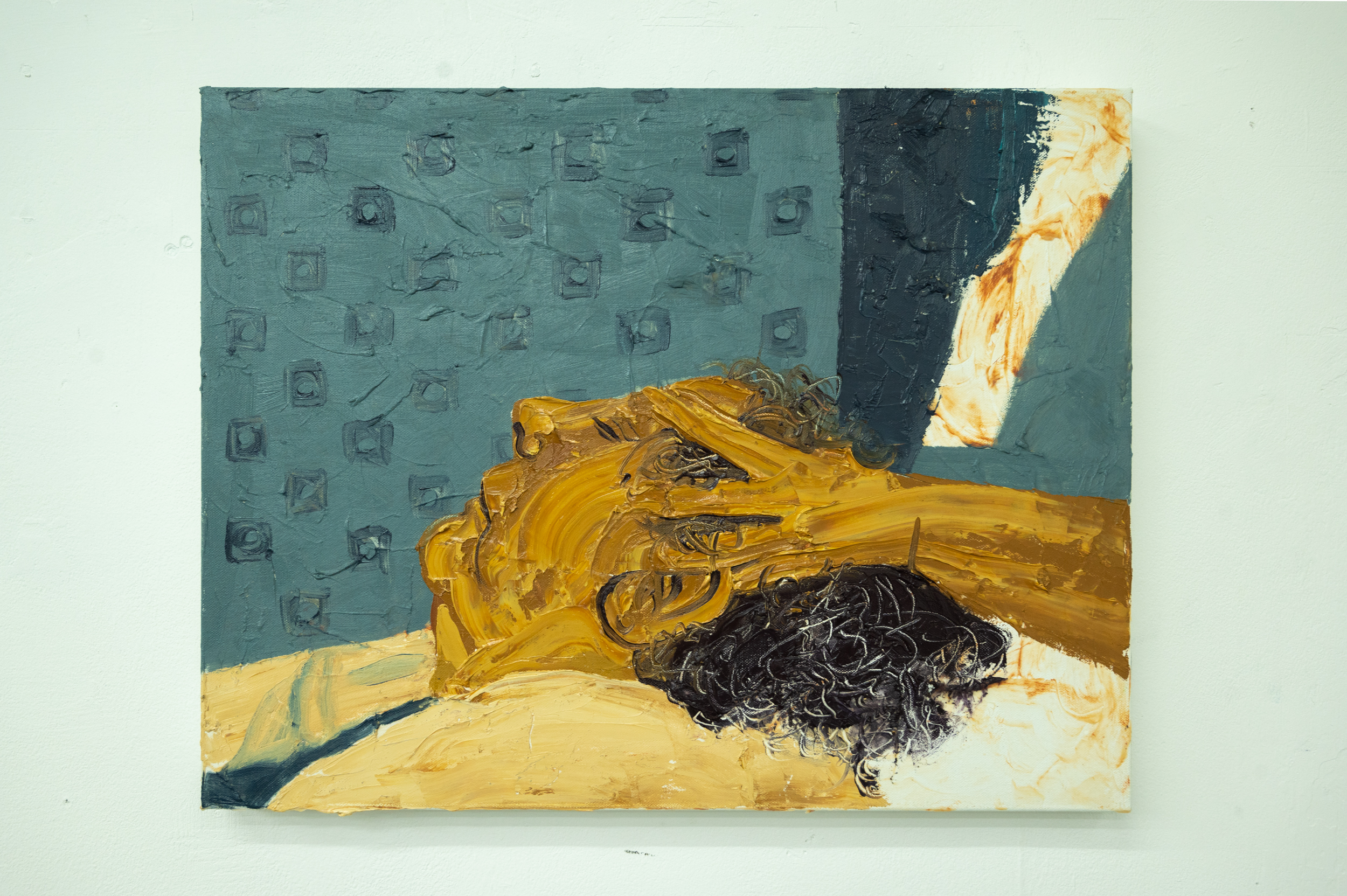 yellow ochre and pale blue painting of a woman with her head laid back, being massaged by an unseen person