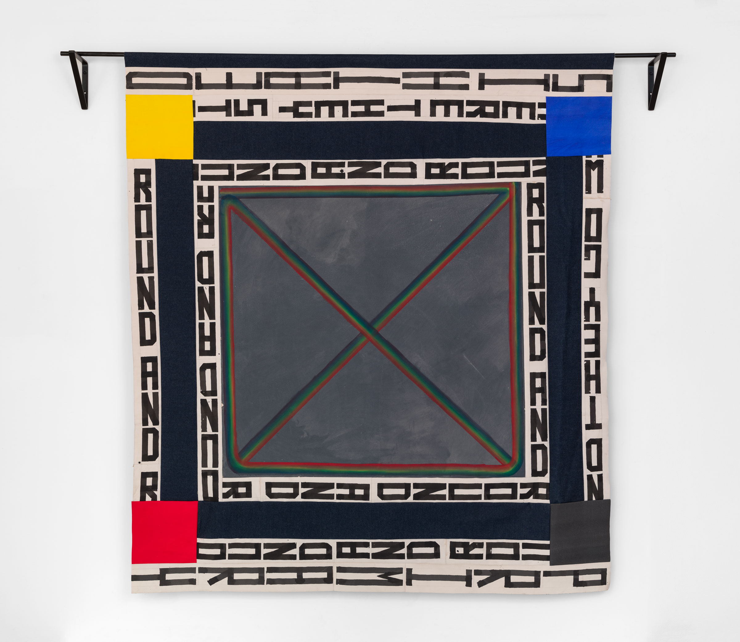 David Shull Death is Primary, 2019 Acrylic on canvas, denim, thread 89 x 80 In | 226.1 x 203.2 cm 89 x 93 x 8 In with hardware