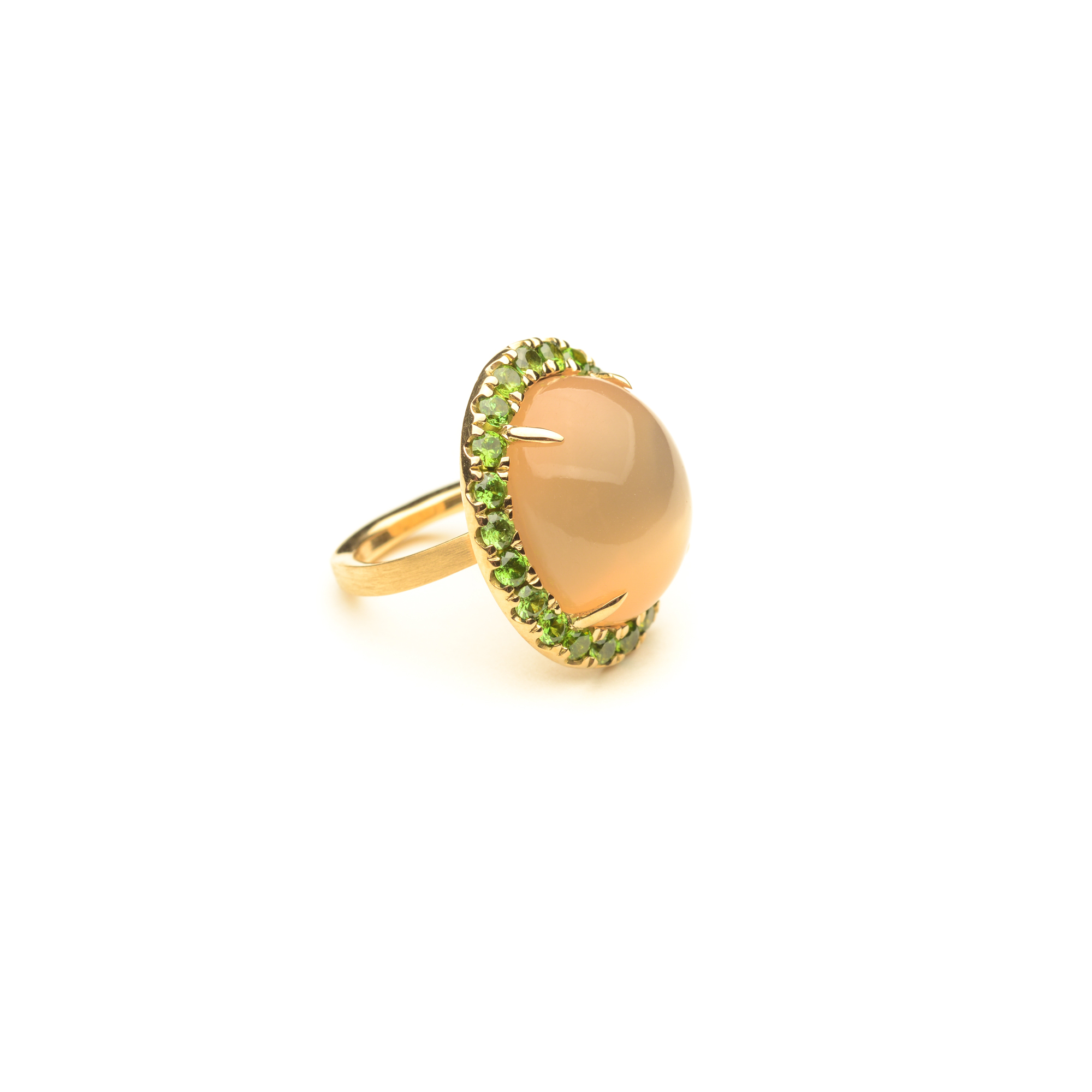 PEACH MOONSTONE-DEMANTOID GARNET RINGPrice available upon request
