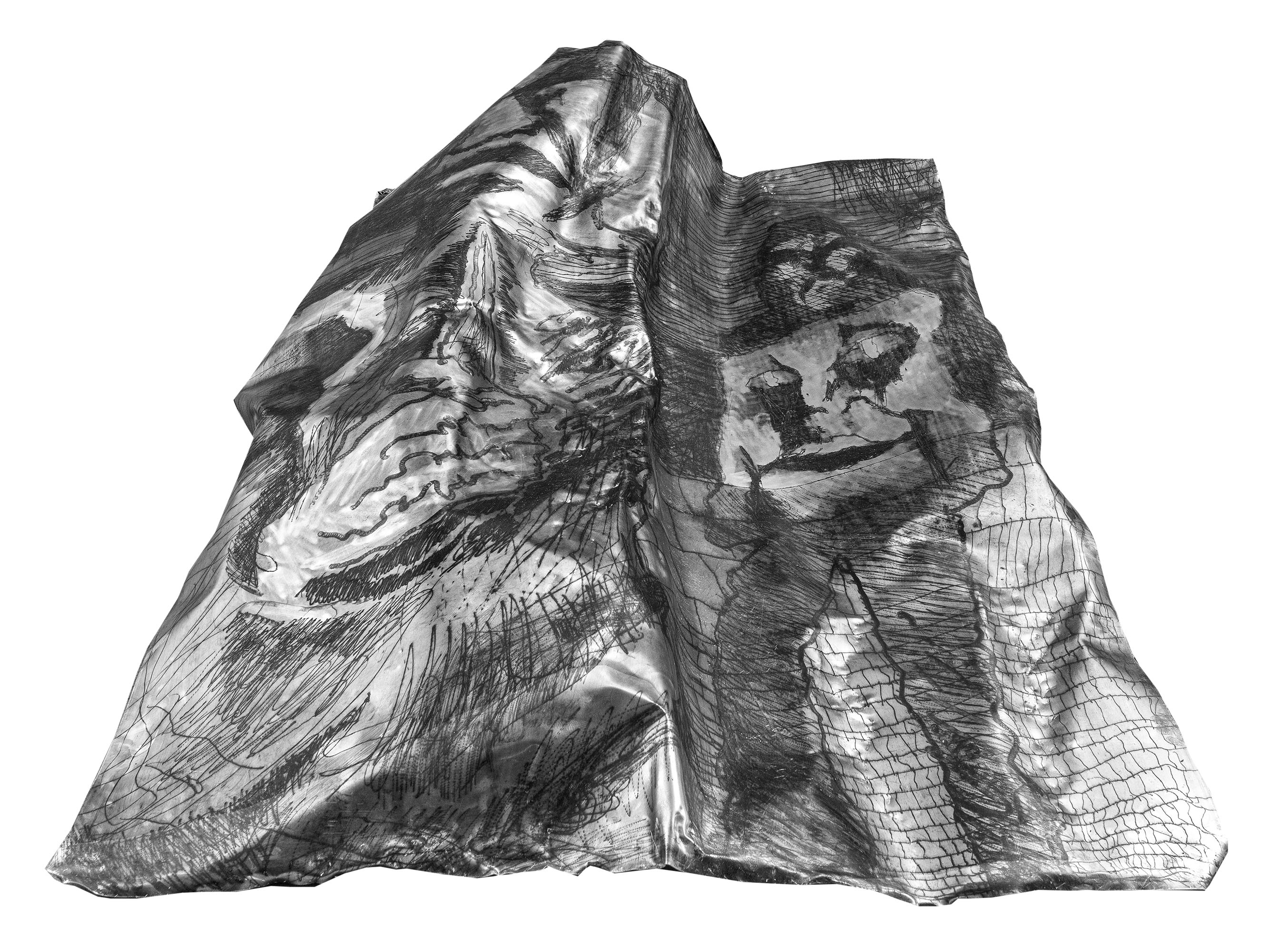 Figura con coltello e figura con volto nel bustoaluminium and intaglio ink, 198x134x35cm, 2025 · info