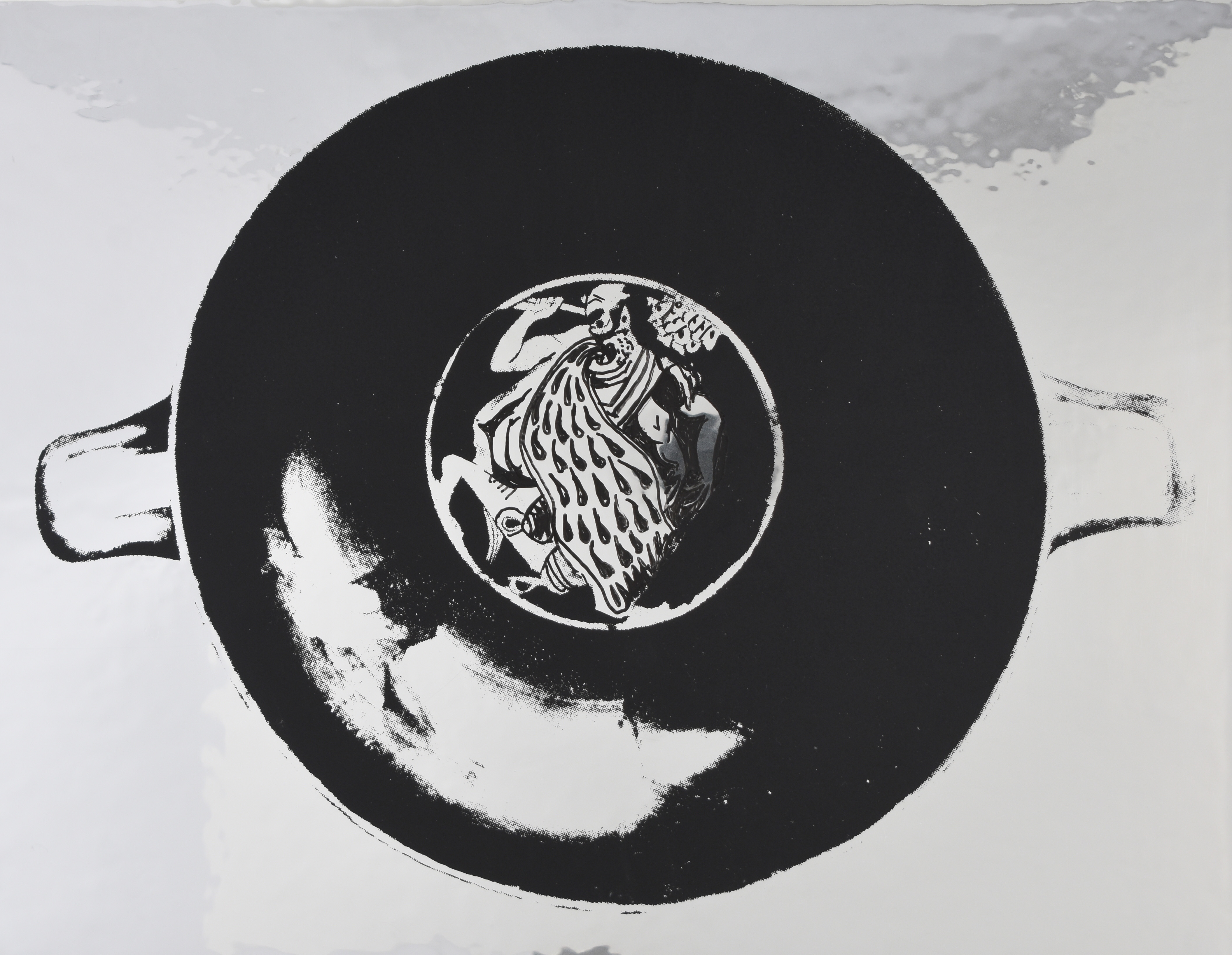 201117 (M.DR.01) A: Fight, Warriors, Shield Device, Bull Head. B: Athletes, Acontist, Diskobolos, Jumping With Halteres. I: Satyr With Wineskin and Thyrsos, Screenprint and acrylic drawing on double aluminized polyester film, 10.5 x 13.5 in., 2024