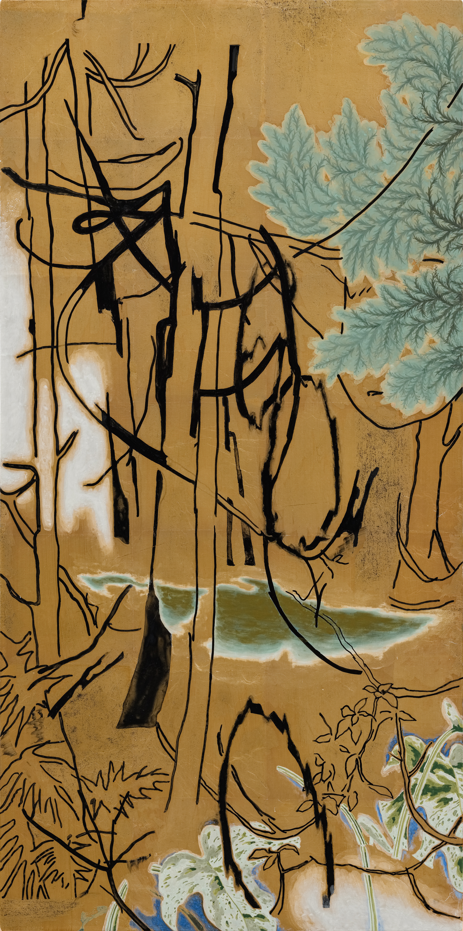 Chaos#9, 2021, mineral pigment, metal foil on canvas, 90x45cm (35.4x17.7 in)