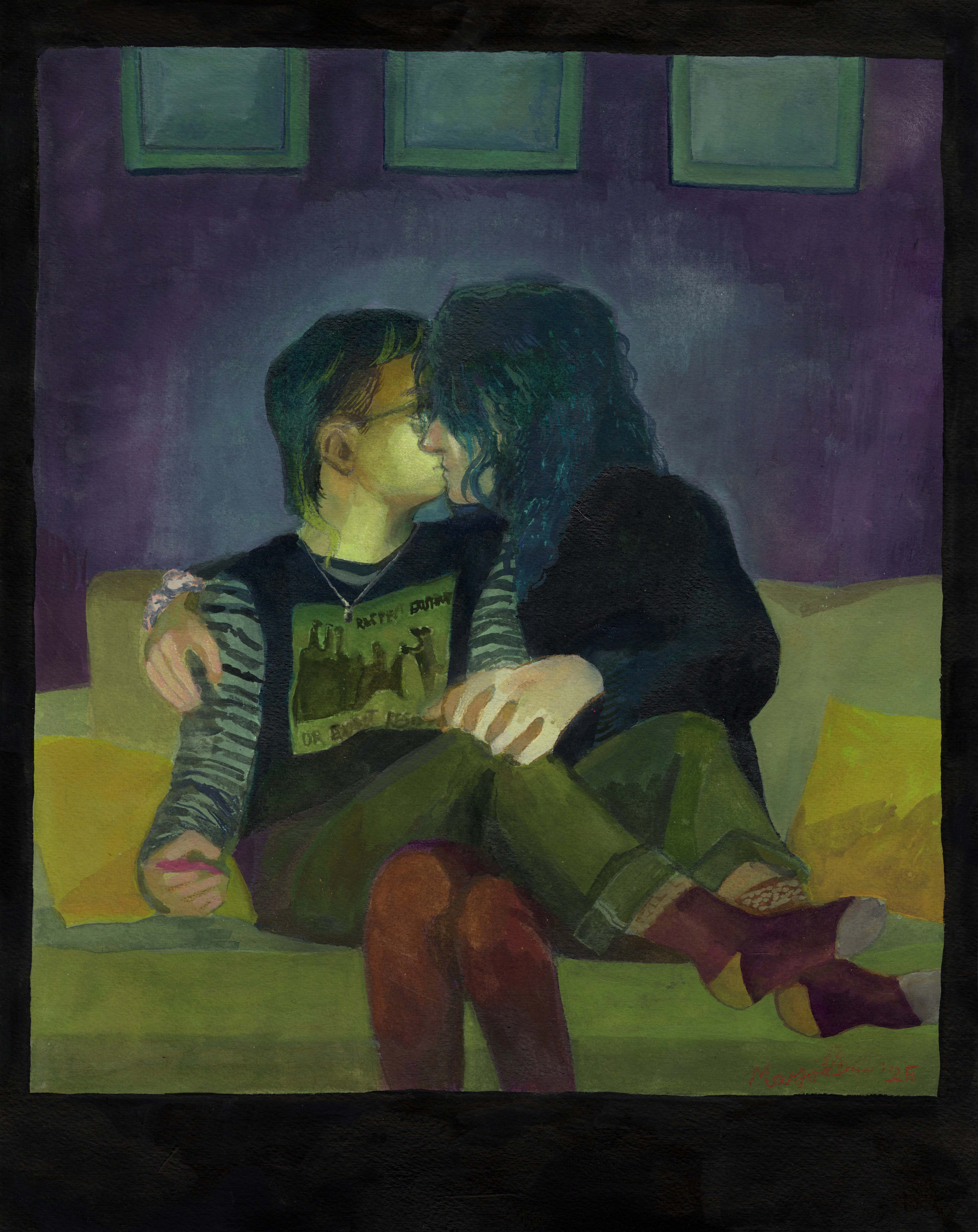 "boy/girl/friends." Gouache and colored pencil on paper. 11 in x 14 in. 2025.