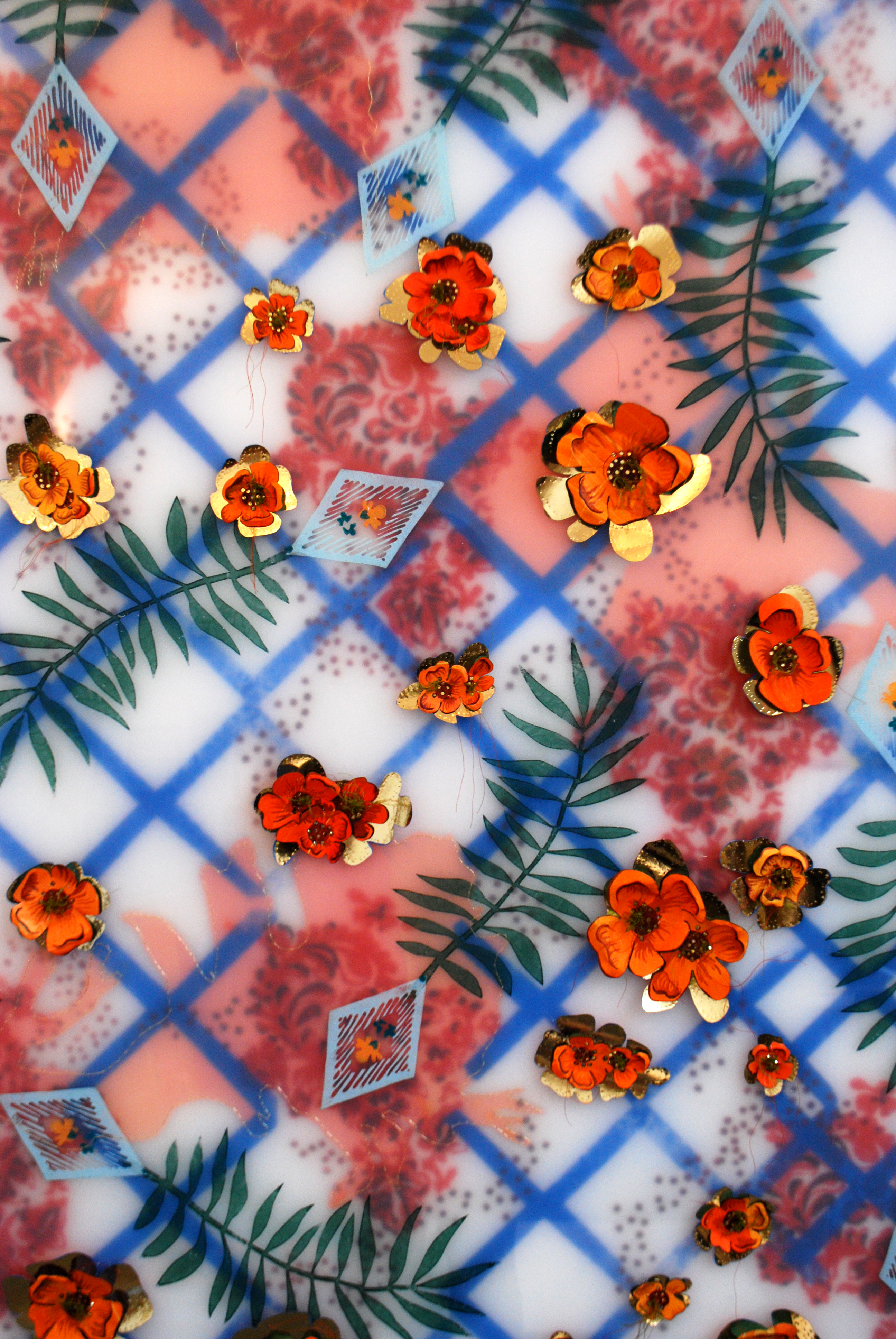 Colour pigment and block printing ink on perspex with thread and collage flowers | 2012