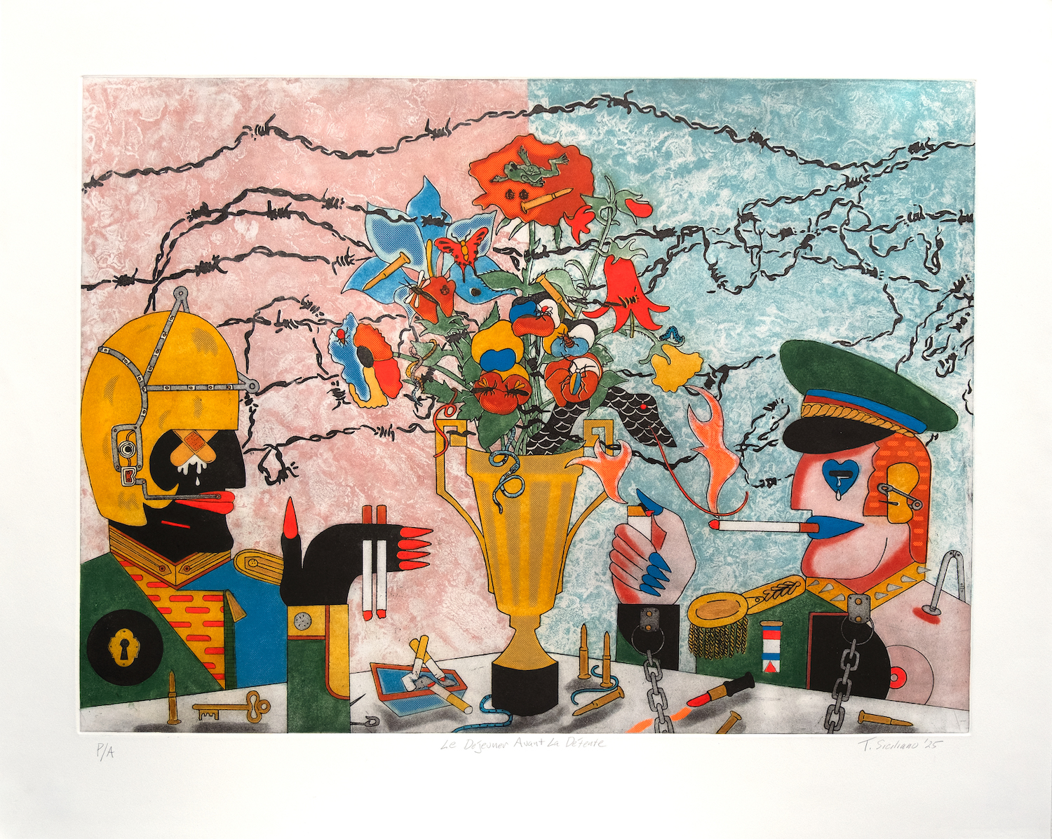 Timothy Siciliano, Le D&eacute;jeuner Avant La D&eacute;tente (The Lunch Before the Detente) Edition of 12, 2025, Metal etching, aquatint and silkscreen on paper, 35 1/4 x 28 in. 