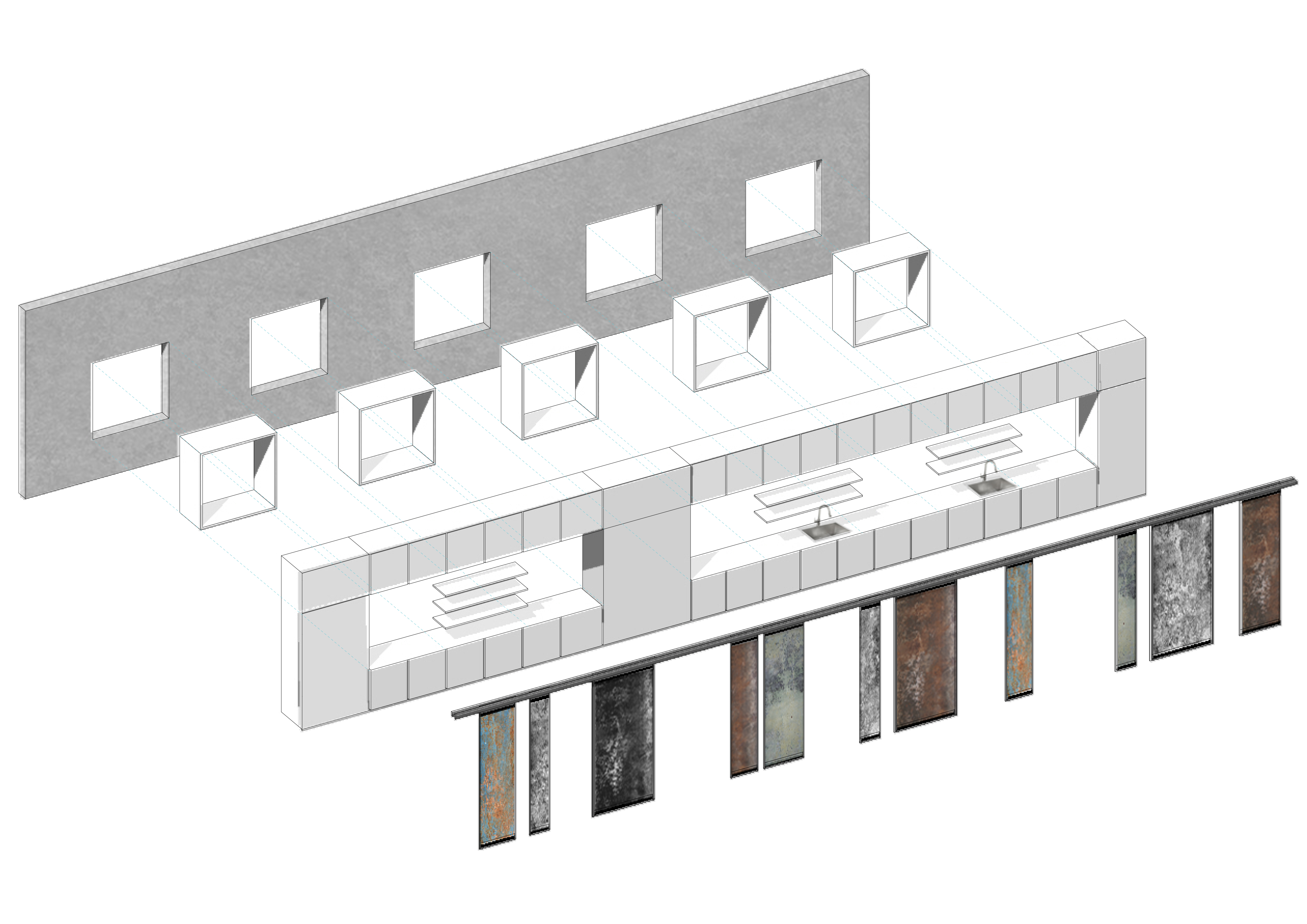 Integration of window frames, storage cabinets, and sliding metal panels in one system