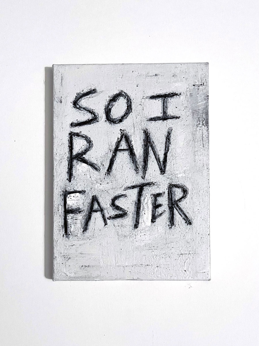 1/1 — SO I RAN FASTER (PRECIOUS THINGS.)Study for series of the same name. Donated to AIR Gallery for "My Body, My Choice," annual mail-art fundraising exhibition.Charcoal, enamel on canvas, 5" x 7",  2022.