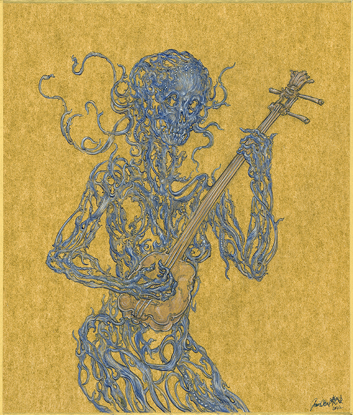 "Fragonard's Procession 2", 18 x 21 cm, mixed media on Japanese drawing board, 2022.