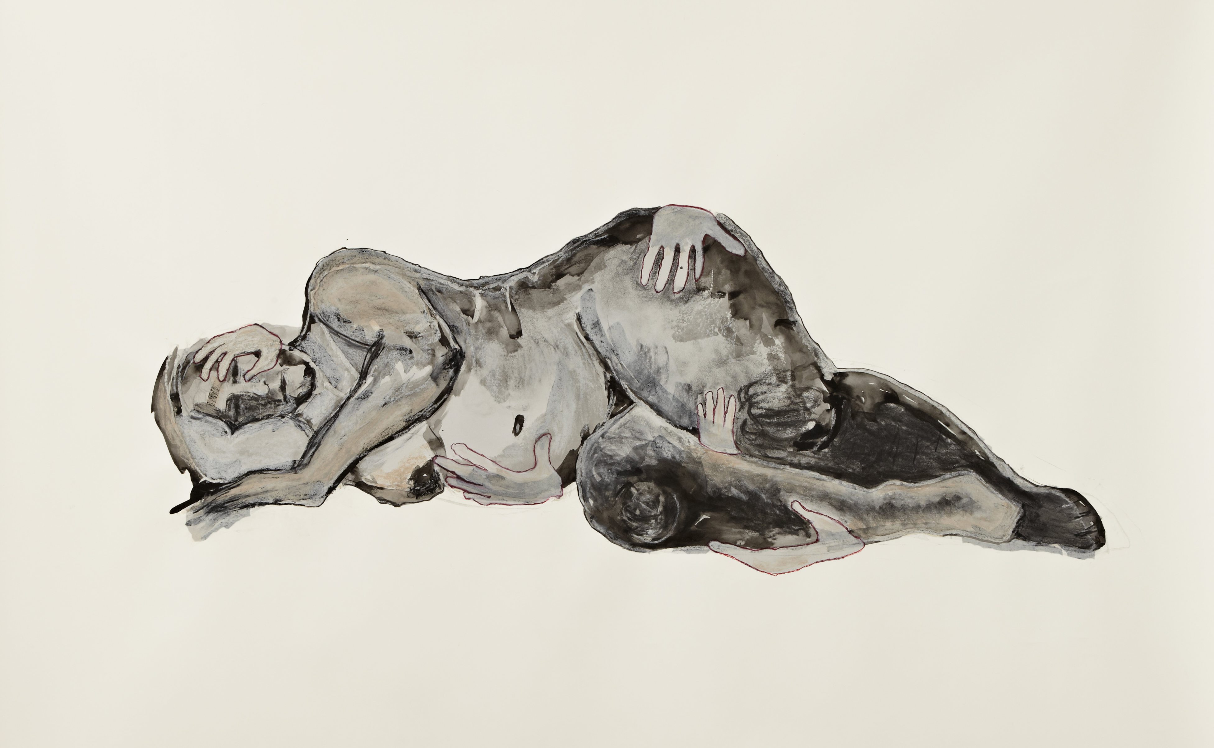 Naakt met handen Naakt, 2011 1.50 x 2.00 cm  Gebruikte technieken: houtskool, oost indische inkt, pastelkrijt.