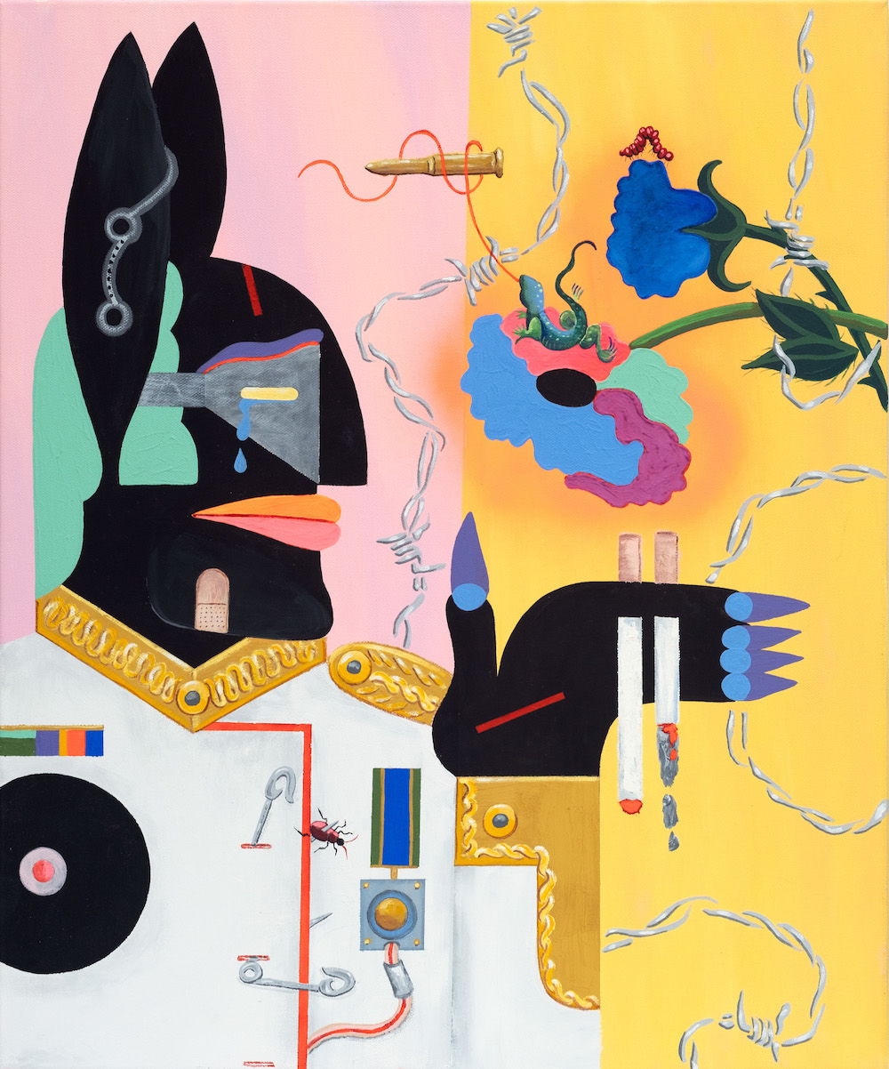 Timothy Siciliano, Le Général Lapin Considère Sa Défaite (The Rabbit General Considers His Fate), 2024, Acrylic, Flashe, spray paint, and Kremer Pigments on Canvas, 20 x 24 in.