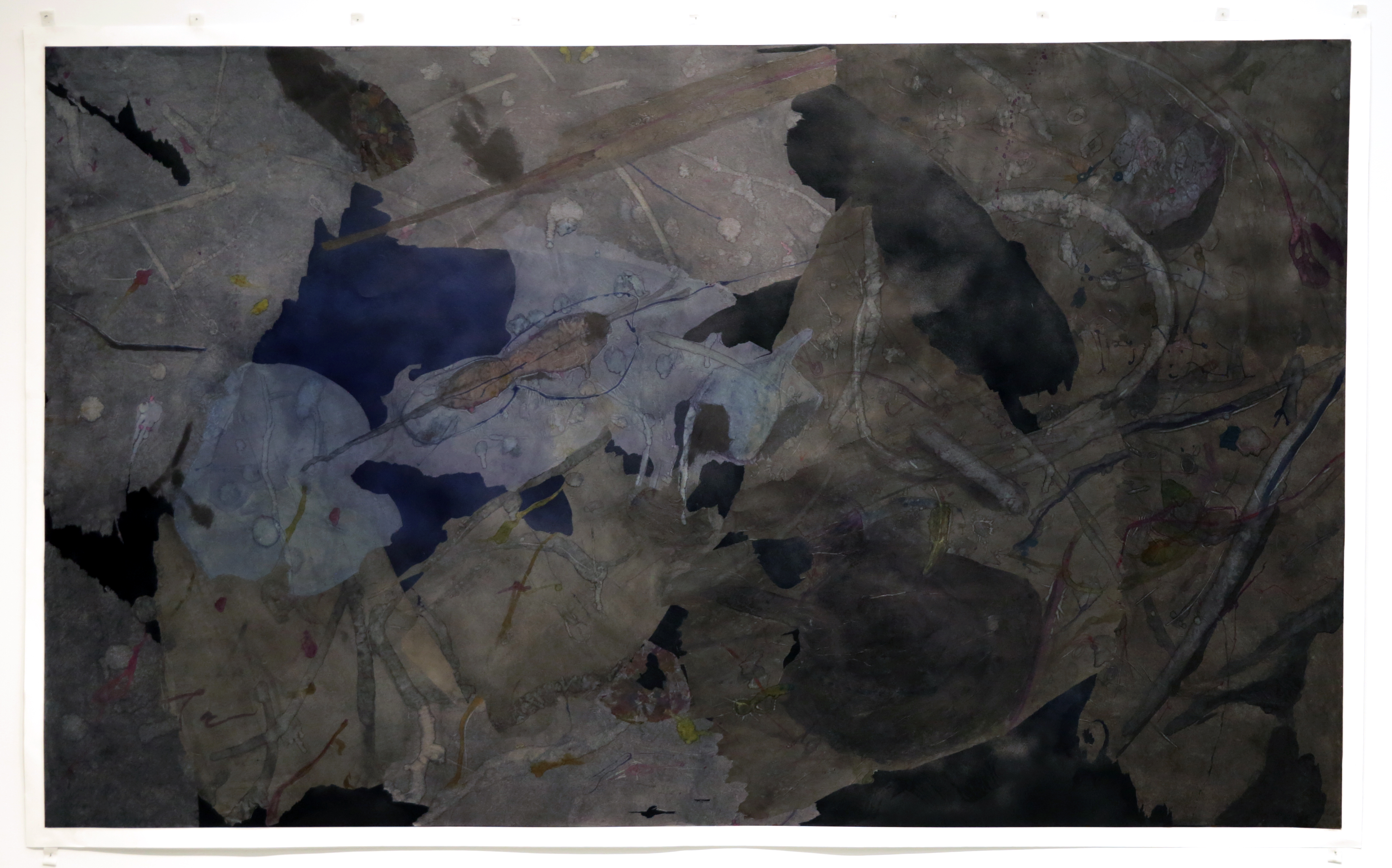 "Untitled Darkness", 8'x5', alcohol ink, silkspan tissue paper and spray paint on academia. 2019