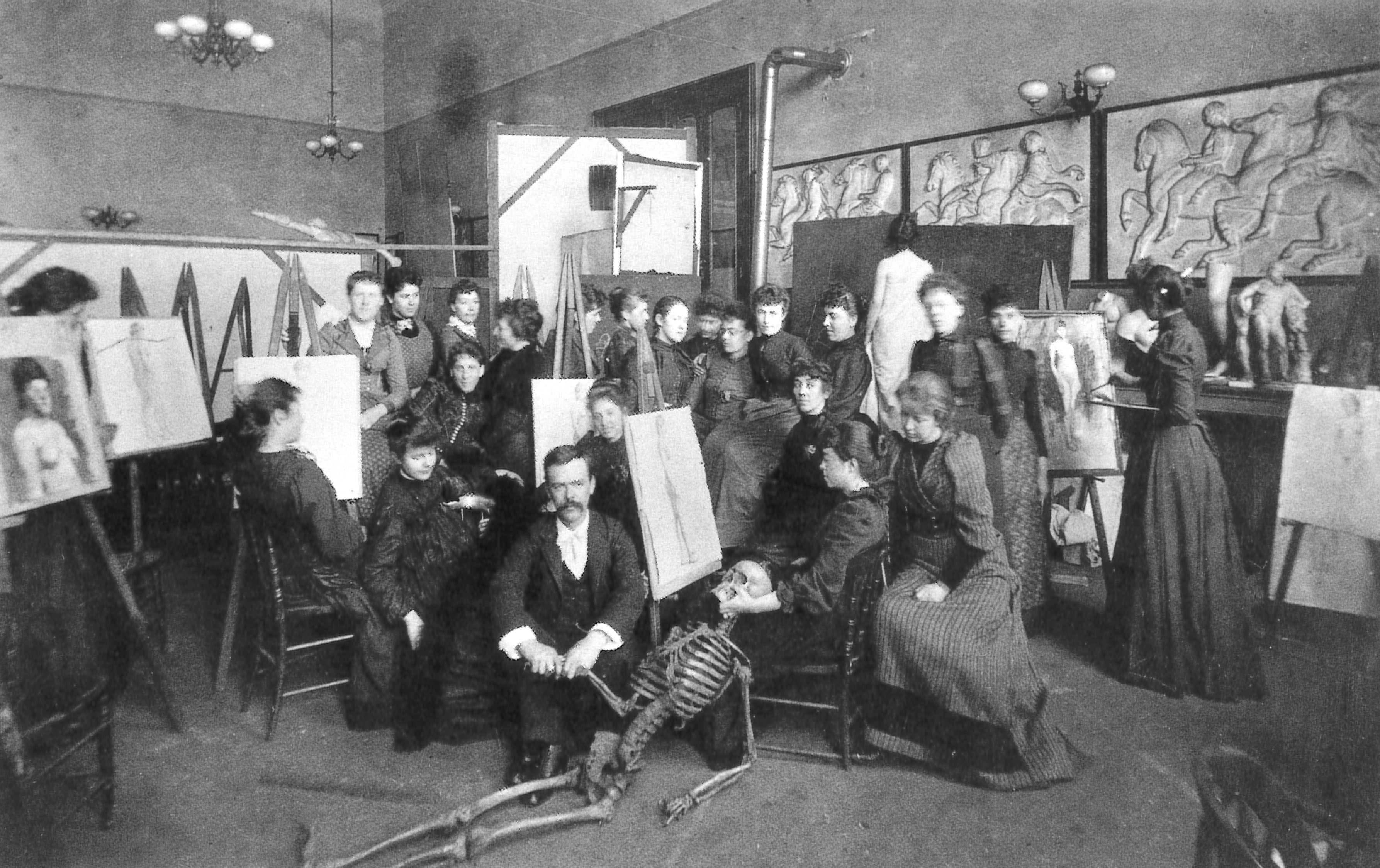 c. 1893: Arthur Mathews with Women’s Life Class. Paul Chadbourne Mills Archive of California Art, Oakland Museum of California. Things changed when Arthur Mathews was hired by Director Raymond Yelland to teach life classes and advanced drawing in 1890. After Yelland resigned, Mathews became director, a position he held until 1906. Mathews wrote that the school felt “impelled to abandon its pedagogic system and its diletant [sic] methods of art culture, and adopt a system adapted to the requirements of artists” with “the encouragement of an independent, but highly self-disciplined approach in student work, the abuse of which often resulted in harsh critical hours.” Mathews made significant changes, insisting that faculty teach only “courses that drew upon their specific strengths.” He also “instituted a schedule . . . that reduced the number of hours” instructors taught, “allowing them more time for their own creative work in order to be more effective teachers.” And he initiated “studies of anatomy and of life classes, where men and women students, in segregated classrooms, worked from nude or draped models.”  —from Harvey Jones, The Art of Arthur and Lucia Mathews (San Francisco: Pomegranate, in collaboration with the Oakland Museum of California, 2006)  “Under his tutelage the School of Design became famous, not only in this country but in Paris as well. He was a hard task master; his pupils feared him and a tenseness pervaded his classrooms as a result of his caustic comment and sarcastic demeanor during criticism hours.”  —from California Art Research  Mathews’s students were some of the most prominent California artists of the early twentieth century, including Armin Hansen, Florence Lundborg, Francis McComas, Xavier Martinez, Anne Bremer, Gottardo Piazzoni, Ralph Stackpole, Giuseppe Cadenasso, Isabel Hunter, Granville Redmond, Joseph Raphael, and Euphemia Charlton Fortune, as well as his wife, Lucia Kleinhans Mathews. 