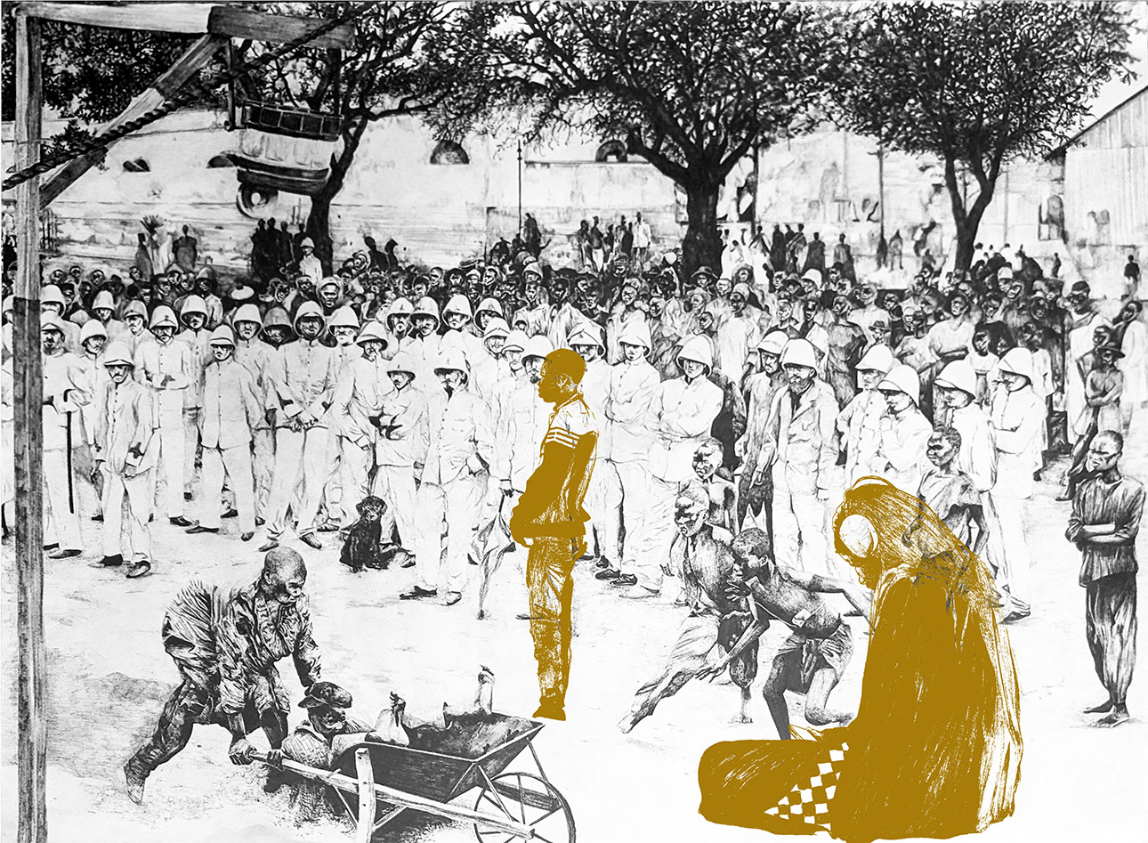 Les soeurs Chevalme, Mama Whita#2, 2024, Dessin au feutre et dessin superposé en sérigraphie saupoudré de paillettes dorées sur papier japonais, 50 x 65 cm, Courtesy Galerie 8+4