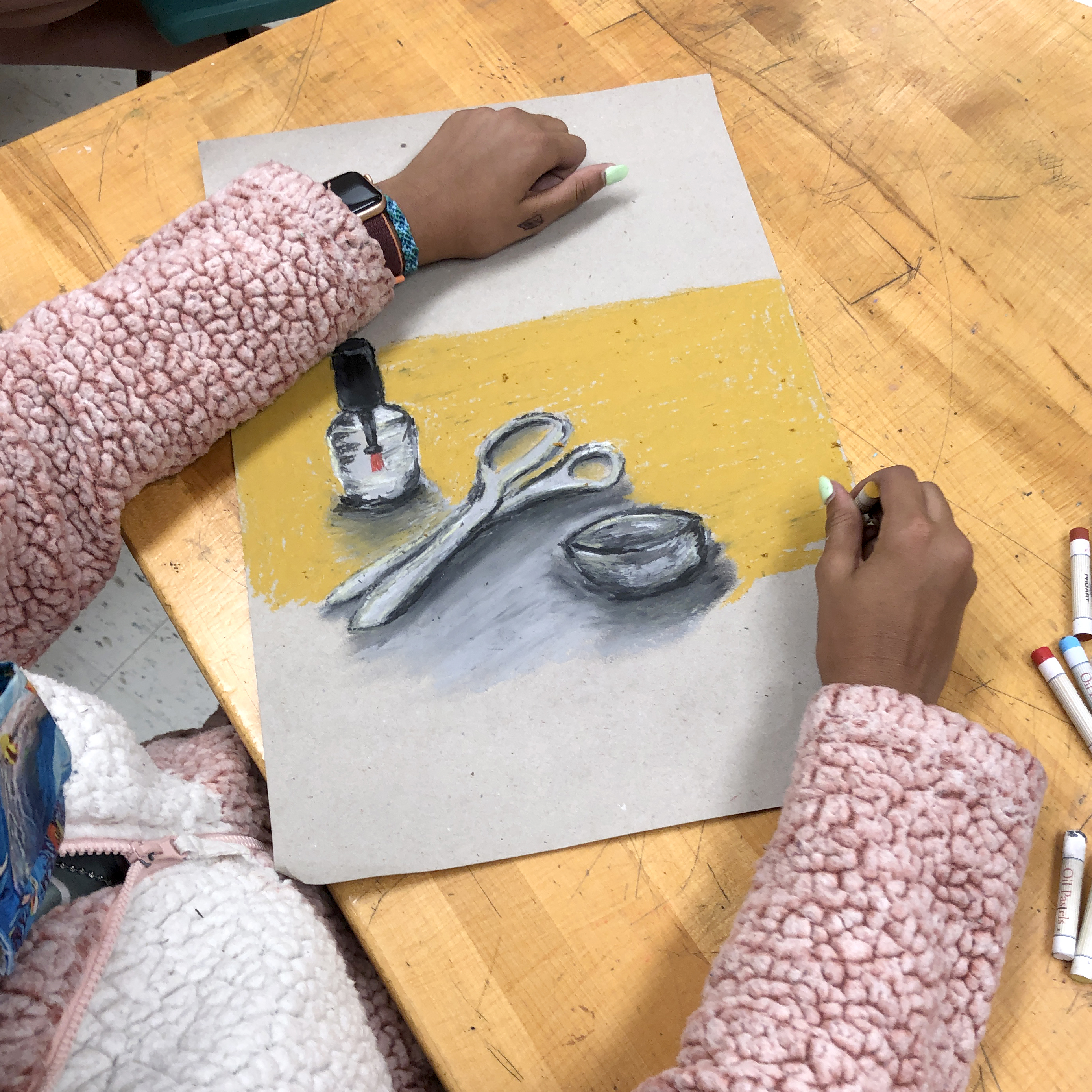 Shiny objects still life; oil pastel on gray paper