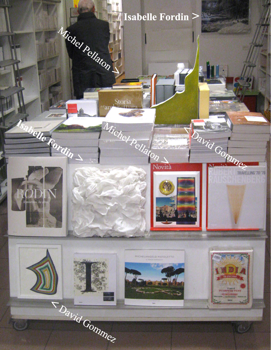 Installation collective : Entre les livres, 2014. Projet soutenu par la Librairie Eunaudi, Rome, avec. Isabelle Fordin, David Gomez et Michel Pellaton.