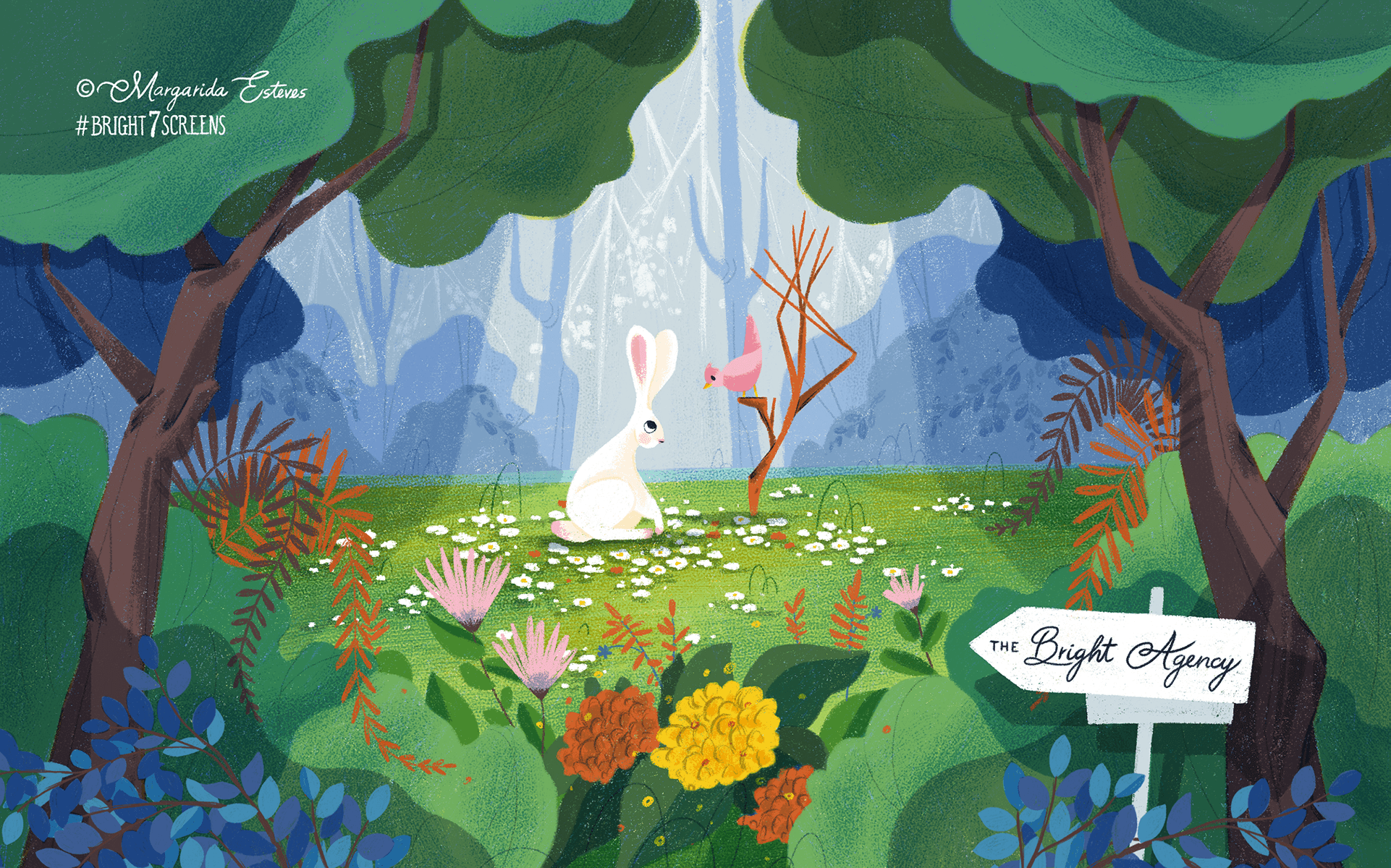 Bunny and bird talking in the middle of the forest, surrounded by trees, bushes and flowers