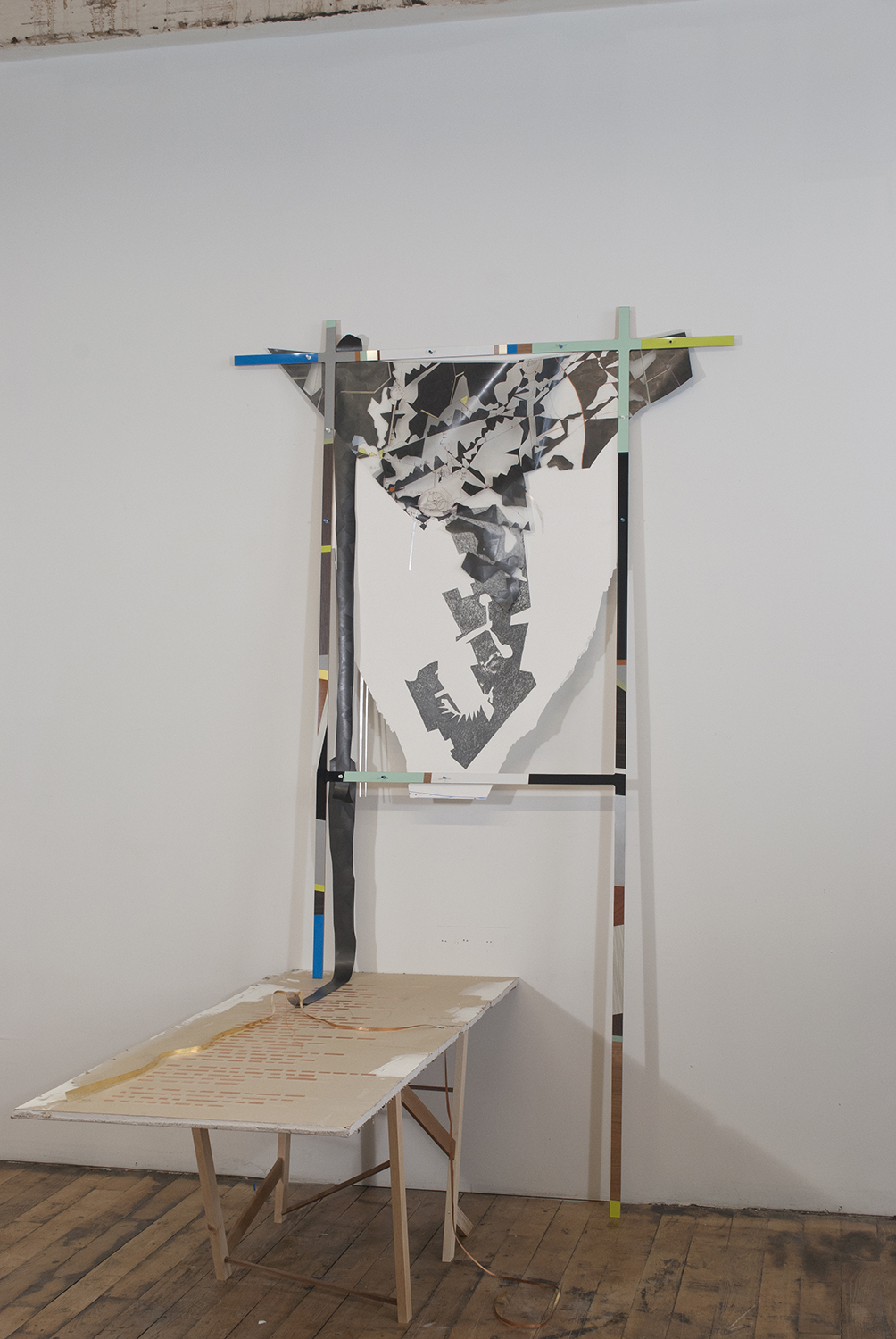 nicene  Graphite, ink, colored pencil, copper and aluminum leaf on paper and mylar. Copper leaf on drywall. Formica, wood, thread.  2012 - 83 x 42 x 49