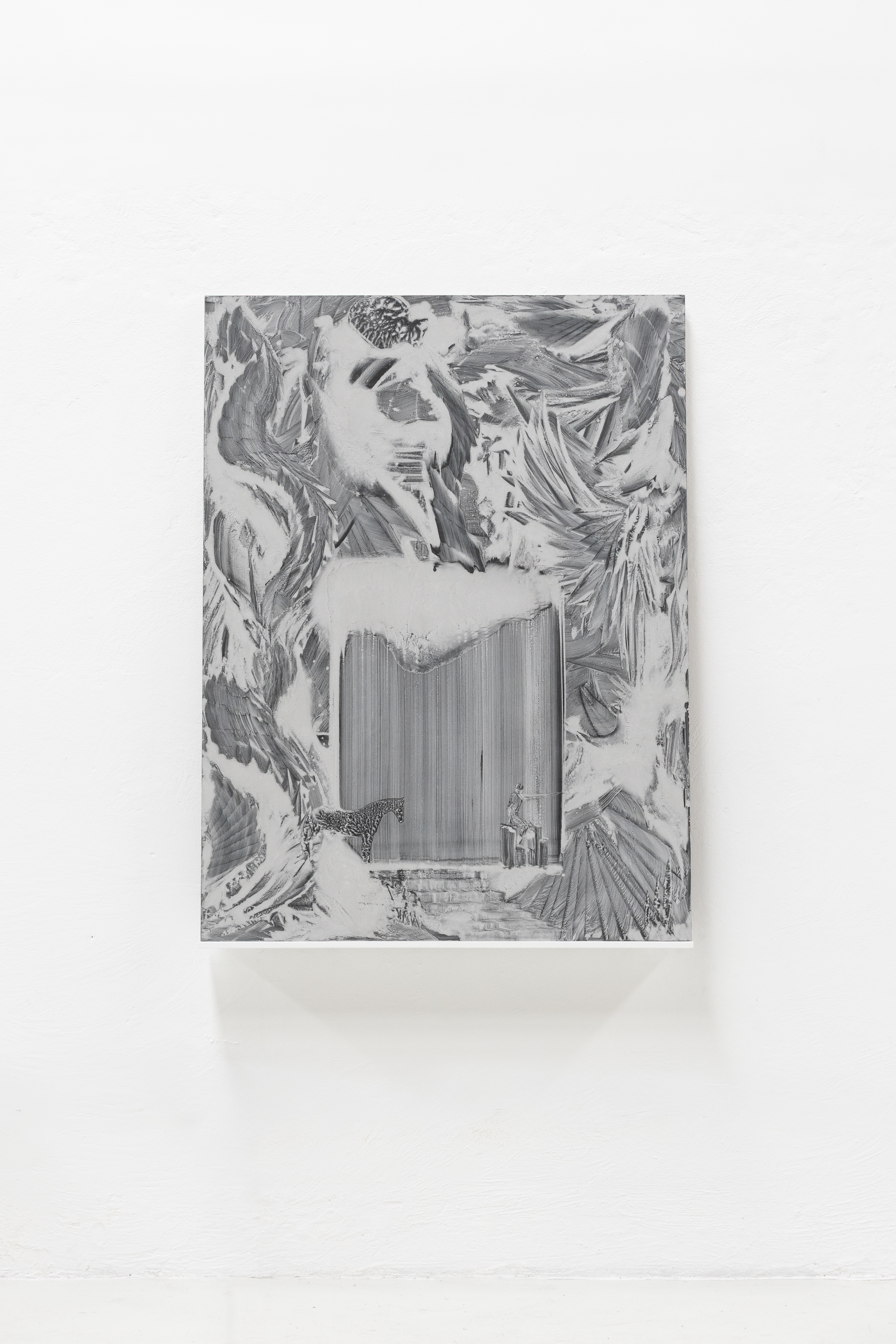 C&eacute;sar Rangel Ramos Backwater between wings and snakes, 2025 Quartz and vegetal binder on black acrylic plate, on ledge 65 x 48 1/4 x 8 1/2 in 165.1 x 122.6 x 21.6 cm