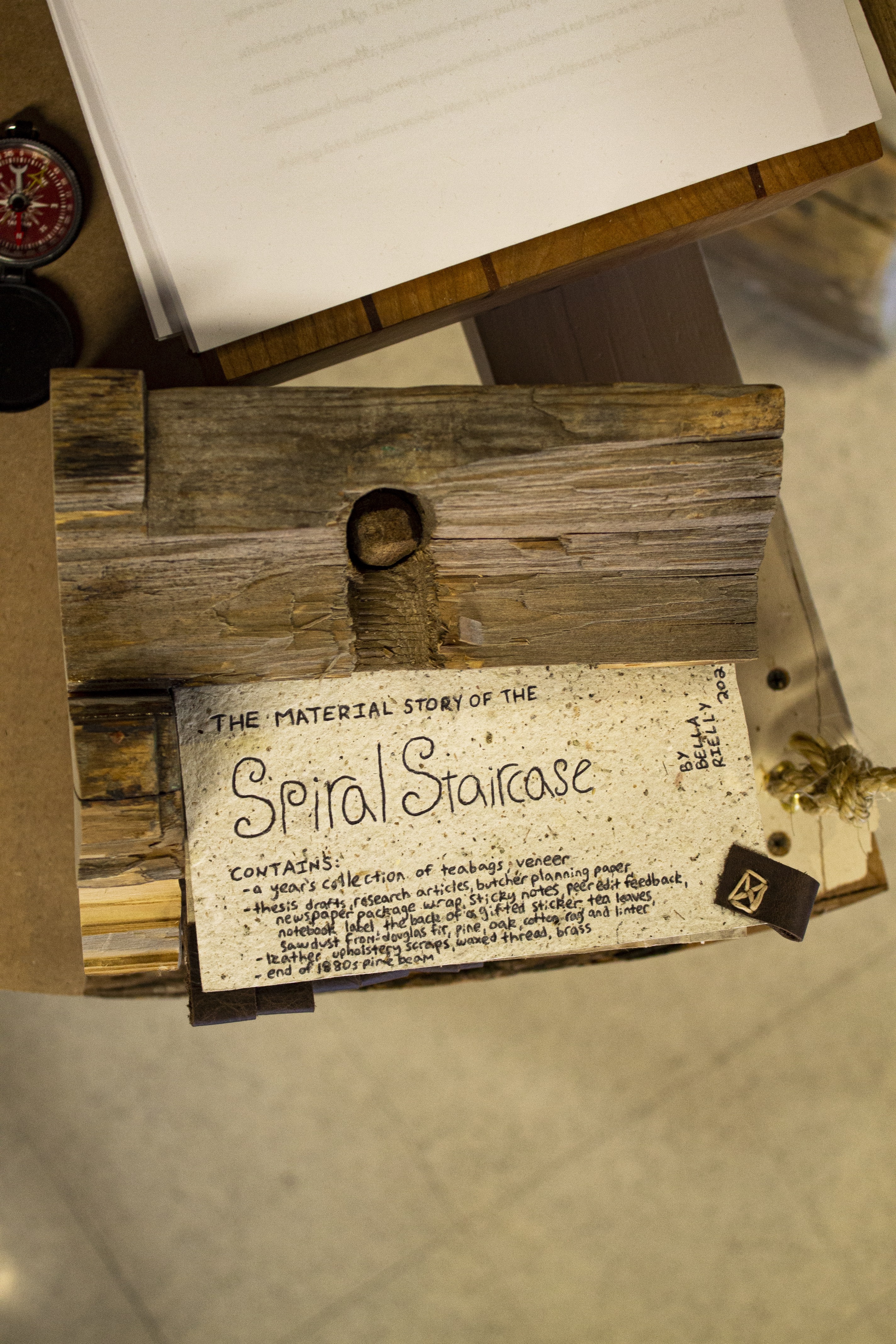 BookformPine beam, trunnel, homemade paper, teabags, veneer, sticky notes, thesis drafts, sawdust, research, brass, leather, waxed cord, ink, glue 8&rdquo;x7&rdquo;x7&rdquo; 2023