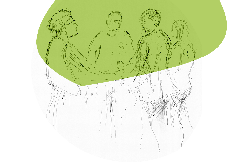 A black and white drawing of 4 people standing around a table. On top of the image is a green, abstract, curved shape.
