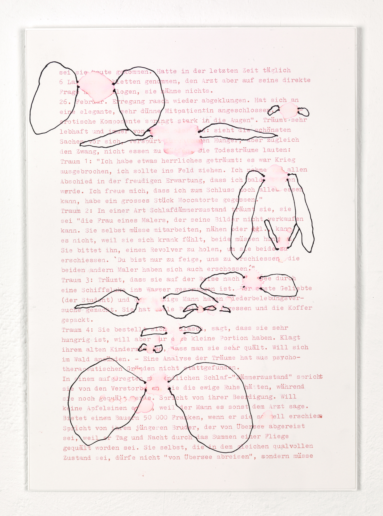 Fragments (Ellen W.)  – 3  Felt tip pen, gouache pen, acrylic sheet on typed paper 29,7 x 21 cm