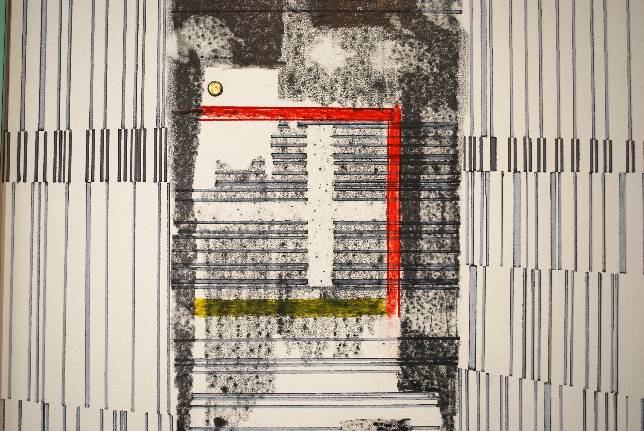 color institution (wspa)  Ink, graphite, gold leaf and colored pencil on paper. Laminate and wood. 2011 - 85 x 22 x 2