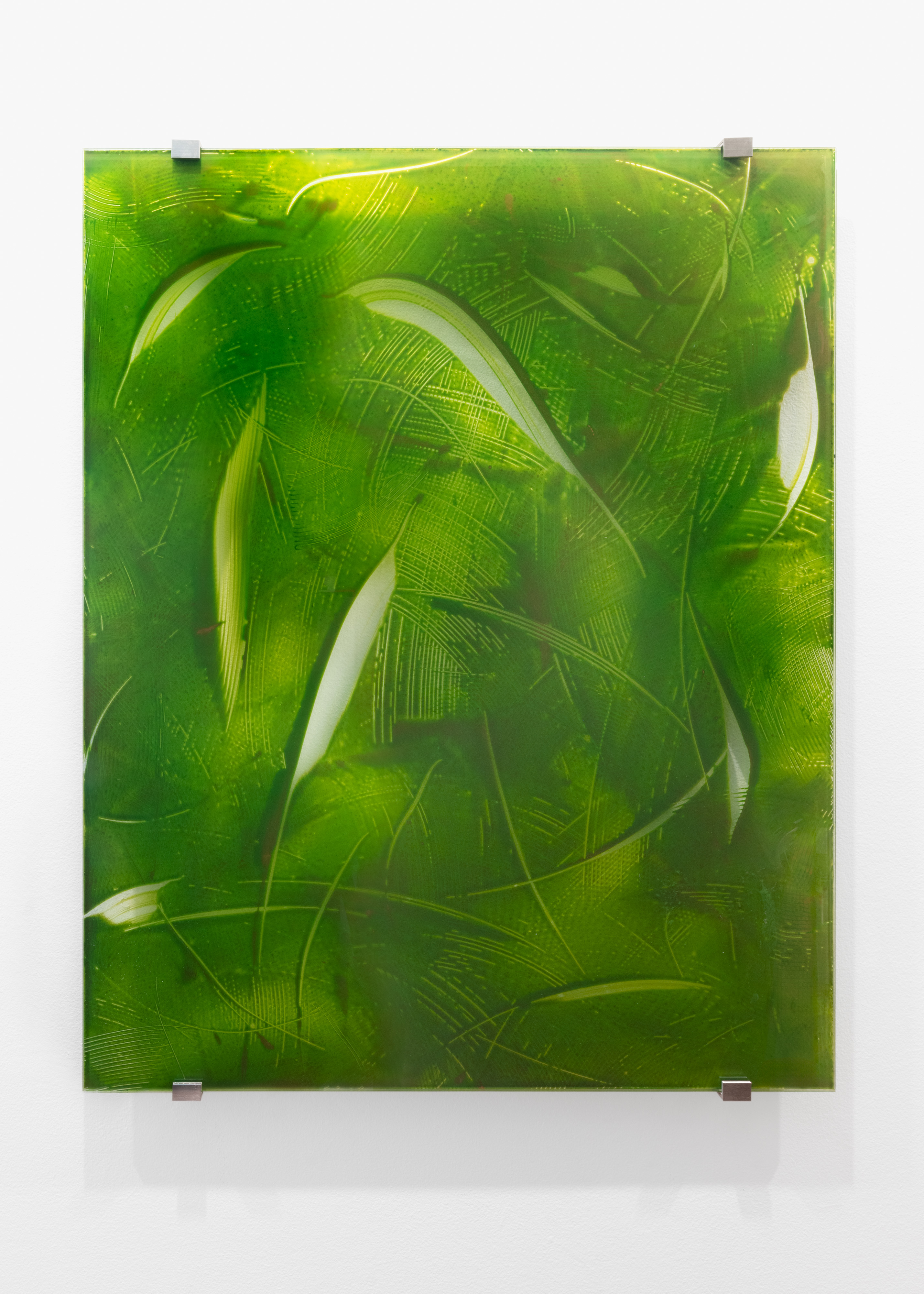 Before prehistory there was a prehistory of the prehistory, 2024, acrylic paint on glass, copper, gold, malachite, phosphorescence 100 x 80 cm