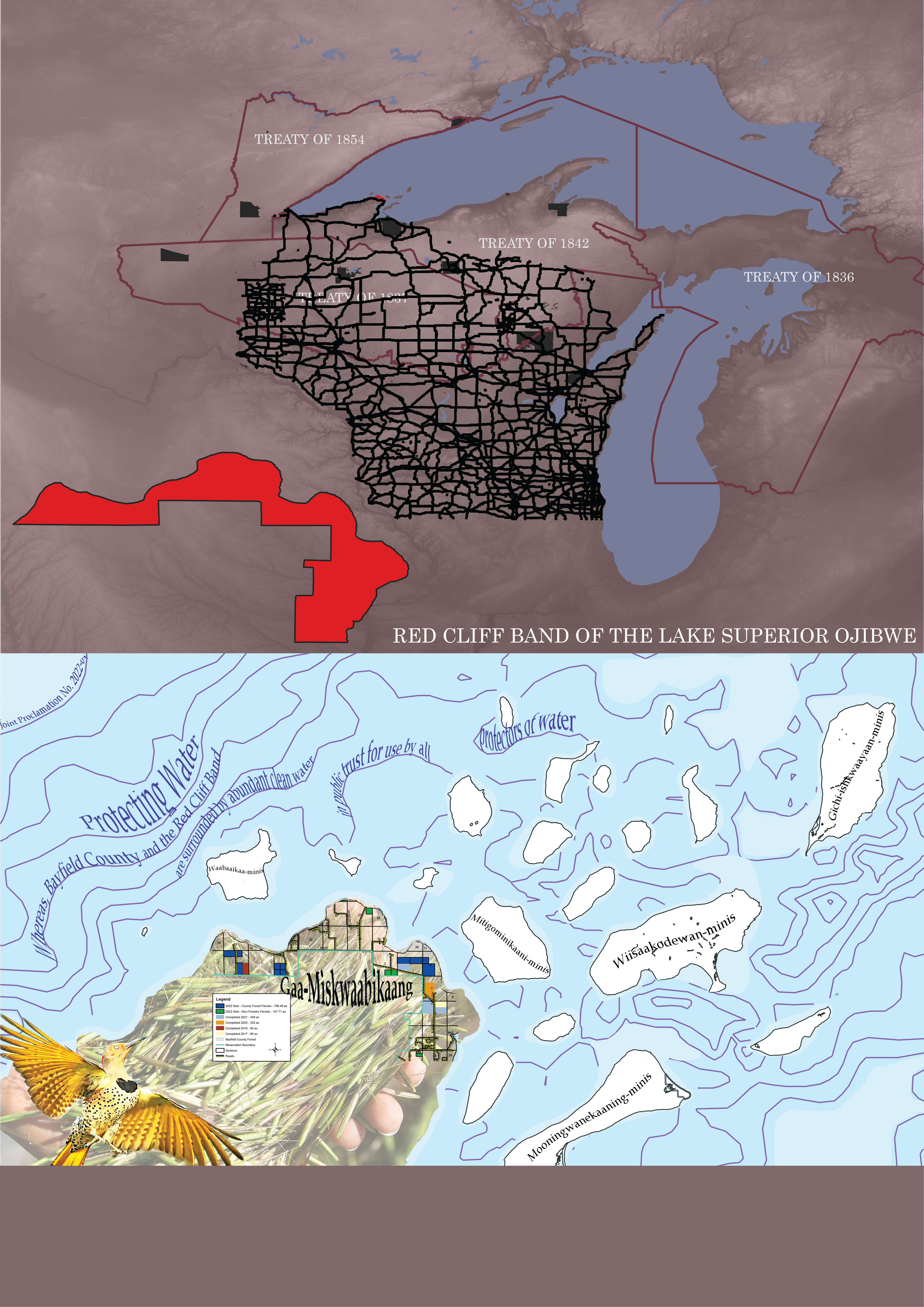 Land and Water Reclamation (Sofia Johansson): This callout depicts the reservation of the Red Cliff Band of Lake Superior Ojibwe, created through the lens of their resistance to the Plantationocene. The base map is overlaid with the major highways and roadways in Wisconsin. The callout focuses on the Red Cliff Band’s reservation, in the north of Wisconsin. The lines in Lake Superior represent bathymetry, with the words of a joint proclamation on protecting water between the Red Cliff and Bayfield County lining them. The islands are named in Ojibwemowin, as well as the Red Cliff Reservation itself (Gaa-Miskwaabikaang). The map of Gaa-Miskwaabikaang shows not only the reservation boundaries but also the parcels of land that were repatriated between 2017-2022. The background of the mainland features a person holding wild manoomin and the bottom corner shows a yellow flicker bird in flight.