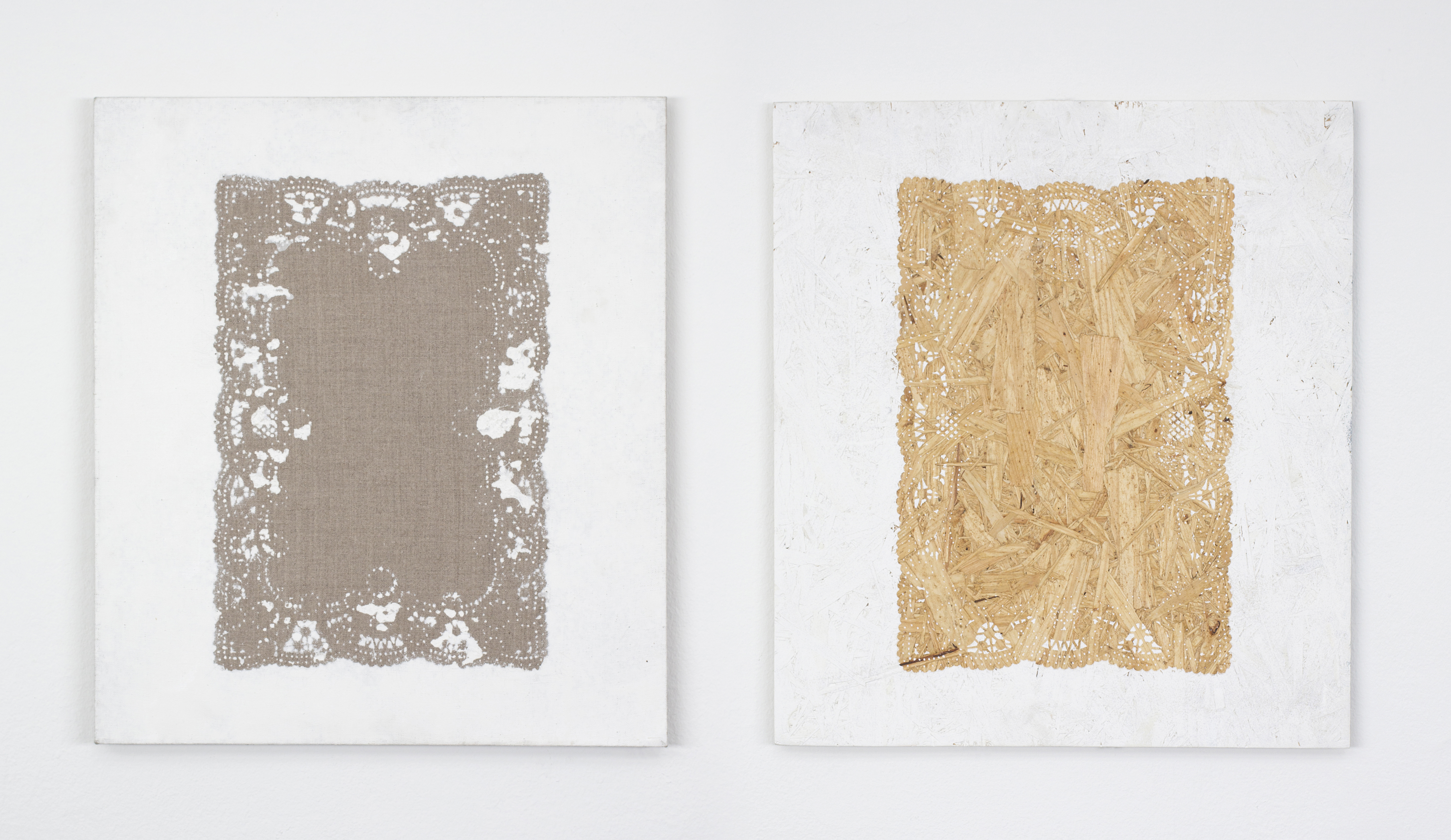 Social Decay, 2015, acrylic on linen + acrylic on particle board, 17 x 19 in each (diptych)