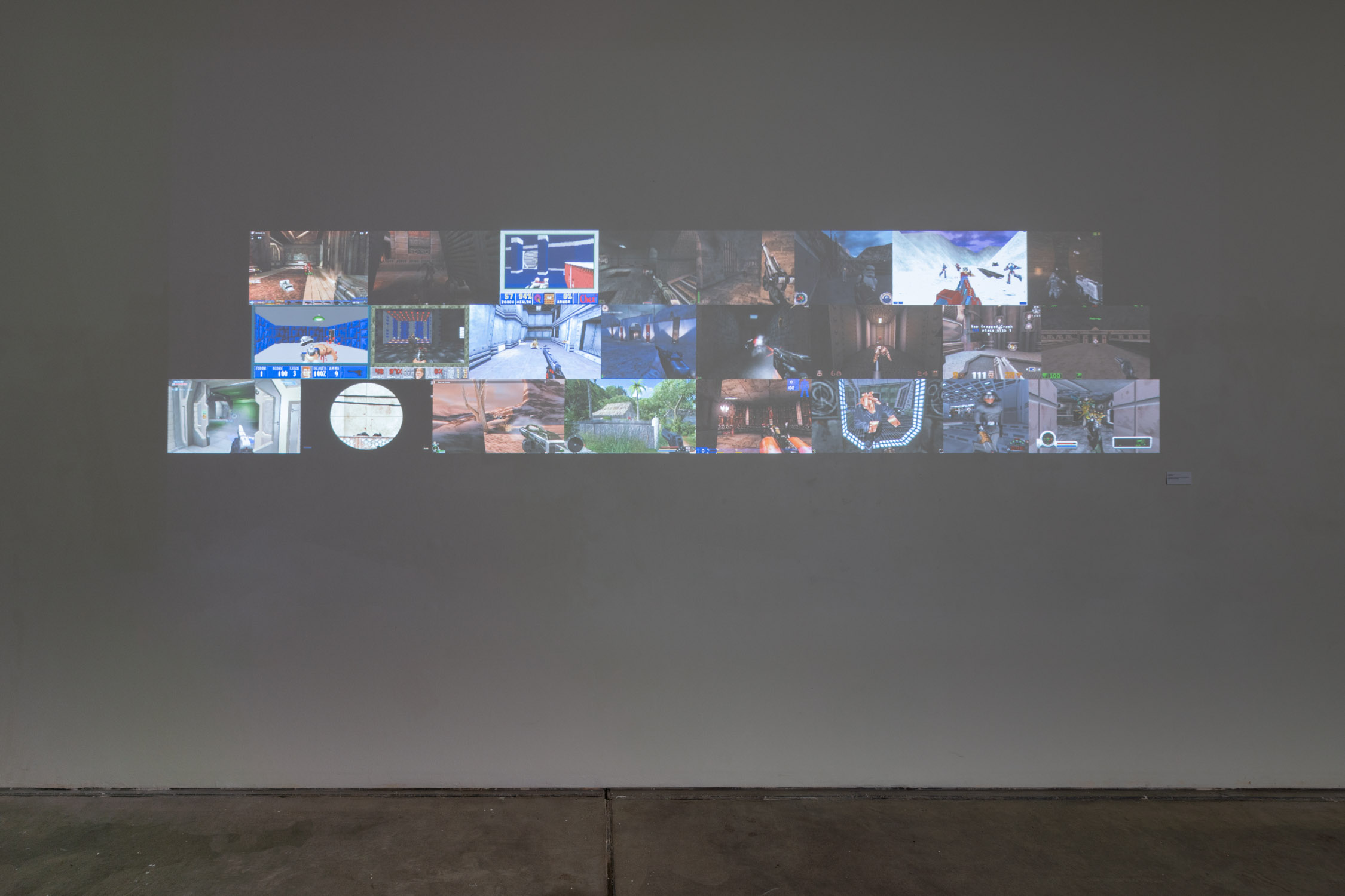 'Shooter, Pt. I.' Simon Boas, 2022. An ongoing project collecting the initial moments of every first-person shooter video game the artist played before he reached the age at which he was legally permitted to purchase a firearm. 4k digital video, 4:00.
