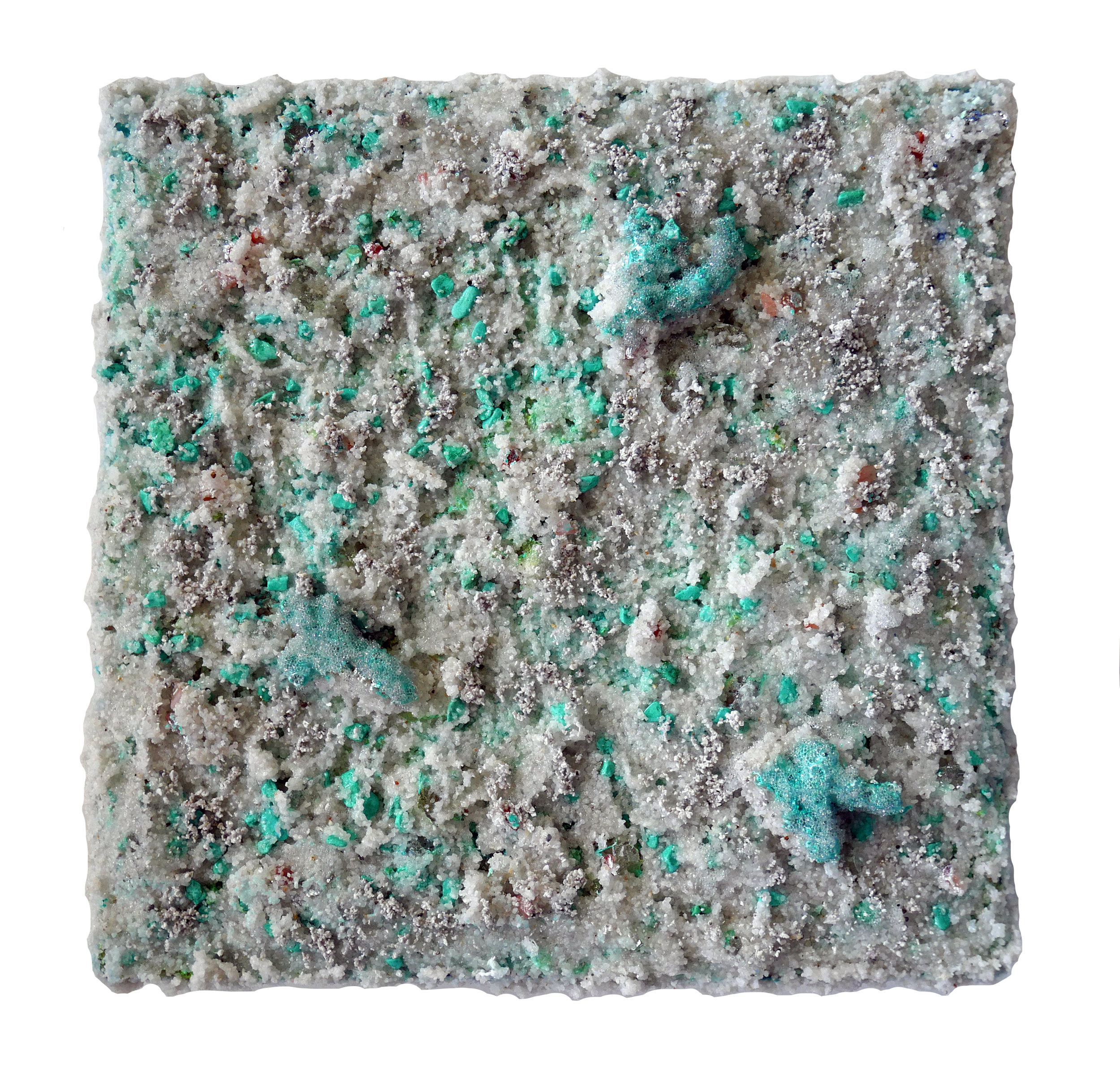 The Sea’s Lace; Turquoise, amethyst, citrine, sand, glass, and coral on panel, 8”x8” *SOLD