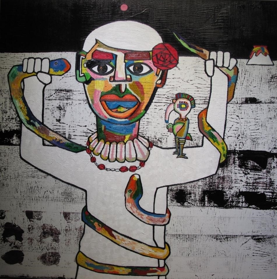 兩條蛇的男子 – 17號。The Man with Two Snakes – Number 17。oil paint.canvas, 100x100CM 2014