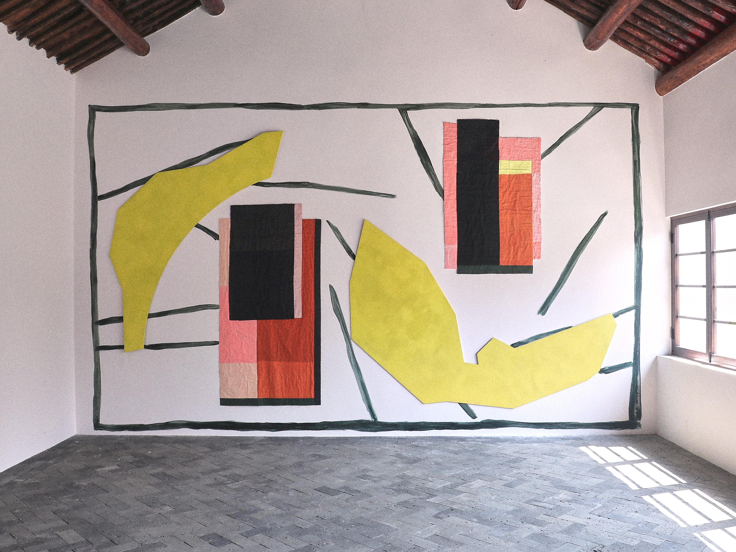 Under the leaf, 2024. Acrylic on canvas, cotton and linen with fabric (stitched), acrylic on wooden panels, wall painting. 350 w x 590 h cm installed in Space of Time Gallery, Beijing.