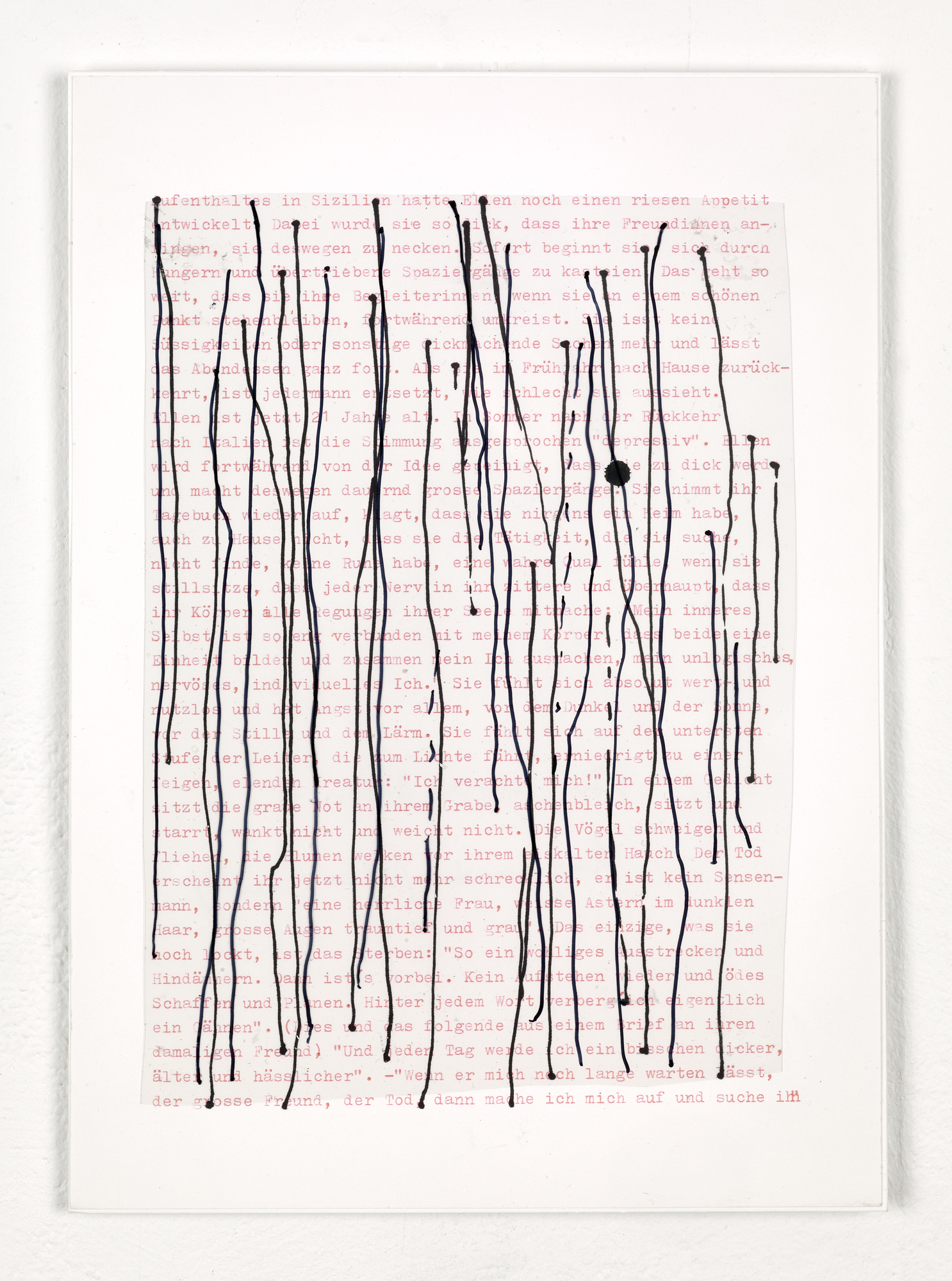 Fragments (Ellen W.)  – 7  Felt tip pen, gouache pen, acrylic sheet on typed paper 29,7 x 21 cm